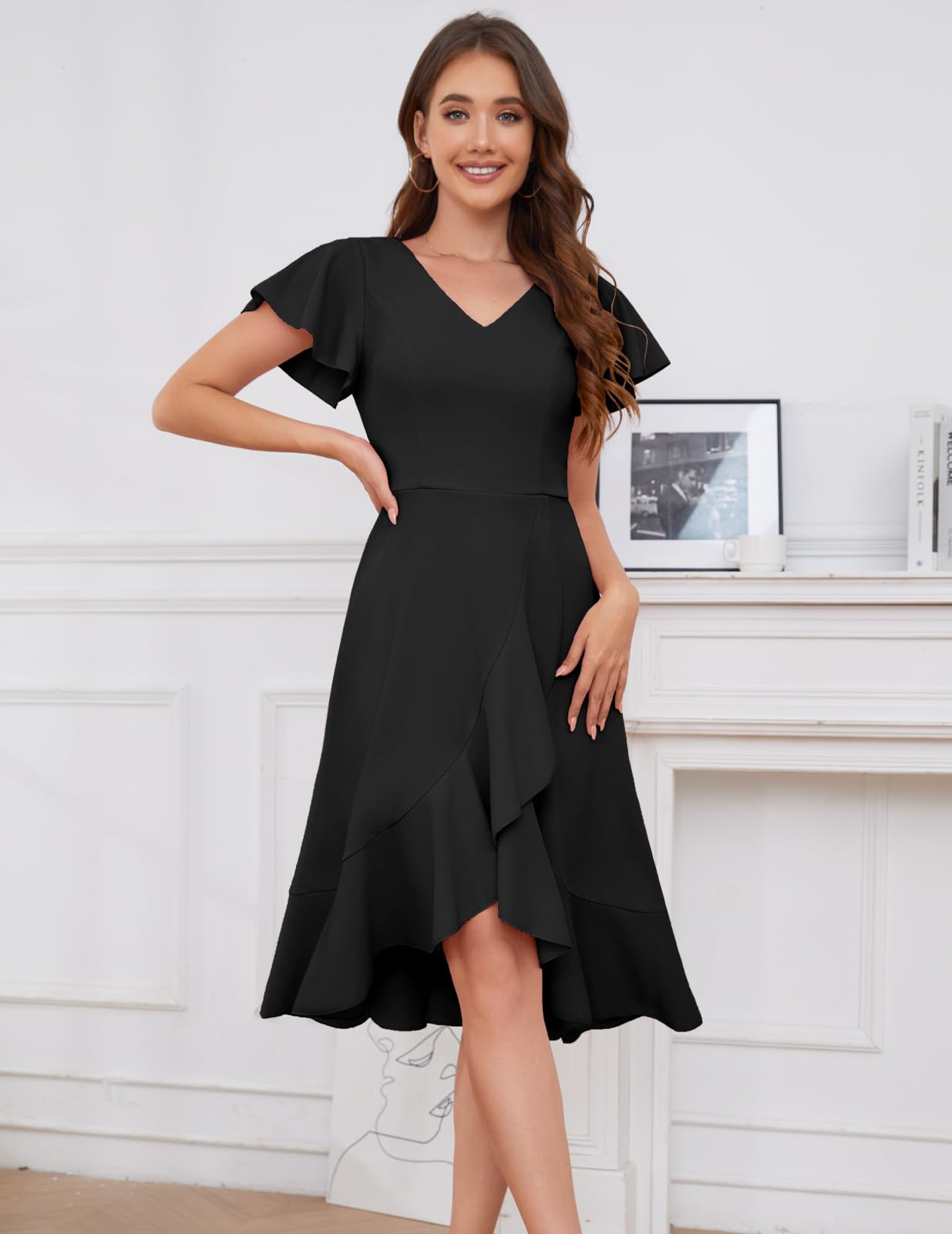 DRESSTELLS Women's Cocktail Dresses 2025 | Formal Wedding Guest Dress with Ruffle Detail | V-Neck Vintage Evening Gown for Prom, Party & Special Occasions