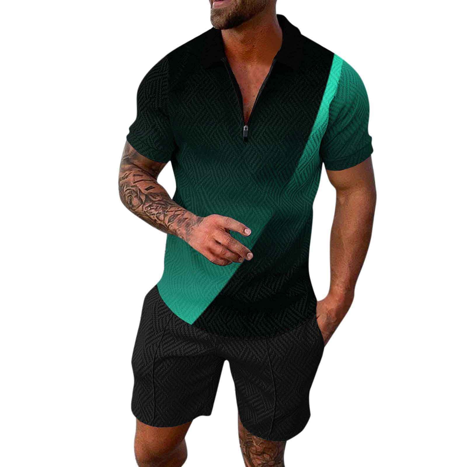 Fossean Men's Gym Tracksuit Set - Summer & Spring Striped Polo Shirt with Compression Shorts - Activewear Jogging Outfit for Workouts, Running & Casual Wear - Grey Sports Jumpsuit