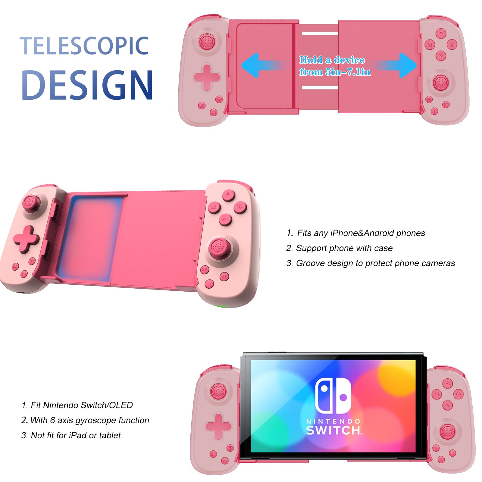 Wireless Gaming Controller for iPhone Android PC Switch - Play COD Genshin Diablo on PS5 PS4 Xbox - Cloud Gaming Joystick with Turbo 6-Axis Gyro & Dual Motors (Pink) - Perfect for Mobile Console & Streaming Gameplay