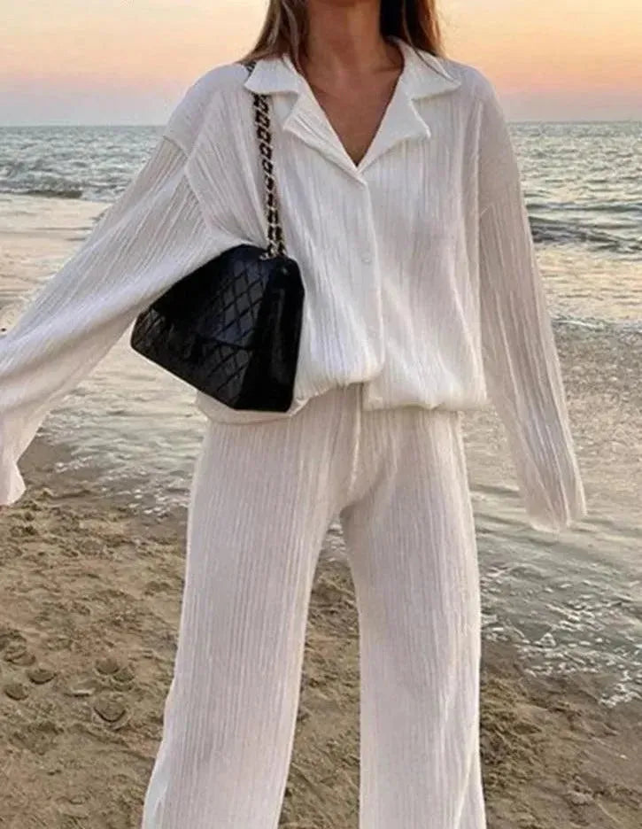 Women's Pleated Two Piece Pants Set - Stylish High Waist Trousers & Top Outfit for Work, Office & Casual Wear | Perfect for Business Meetings, Dating & Daily Fashion