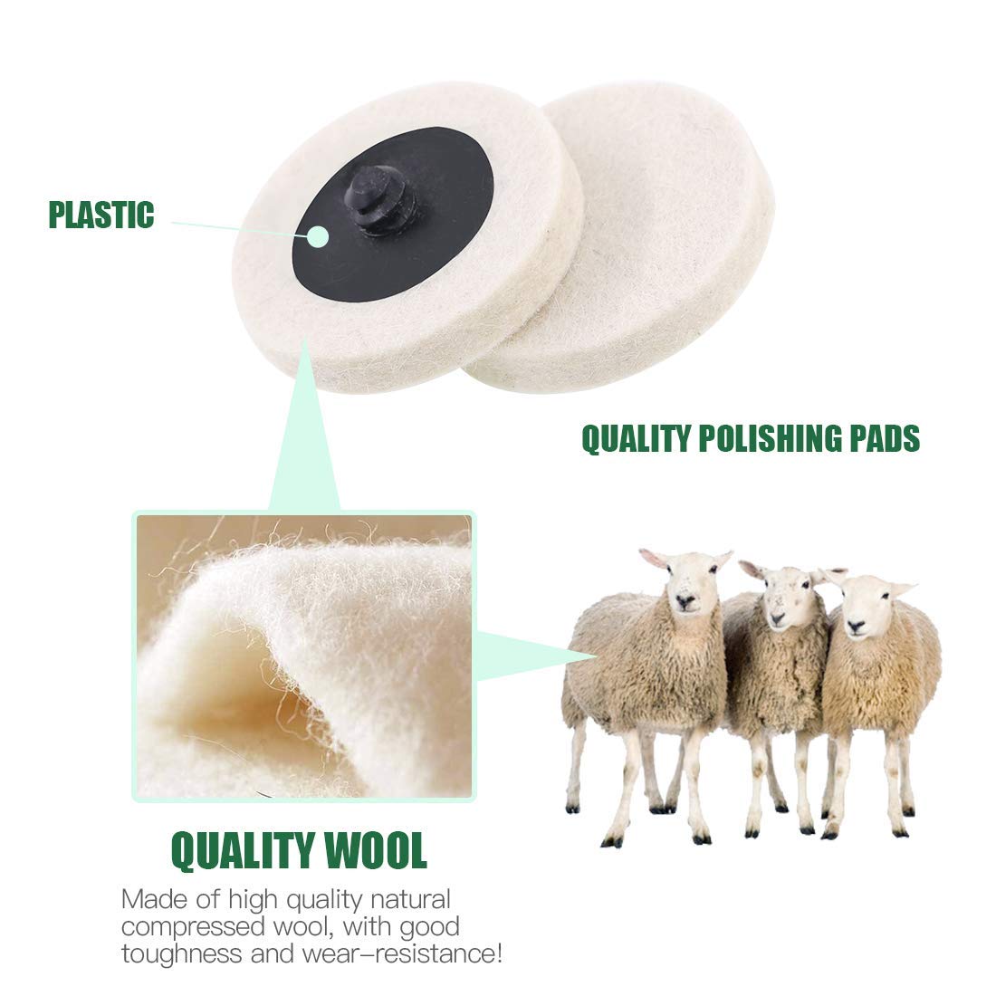 30Pcs 2 Inch Wool Quick Change Buffing Pads with 1/4