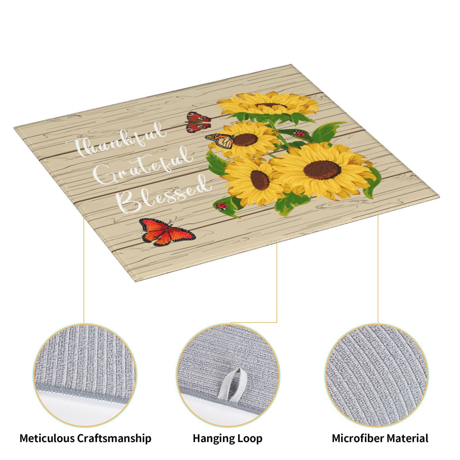 Sunflower Butterfly Dish Drying Mat - 16x18 Inch Absorbent Microfiber Kitchen Counter Decor - Perfect for Drying Dishes, Protecting Countertops & Adding Farmhouse Style to Your Kitchen