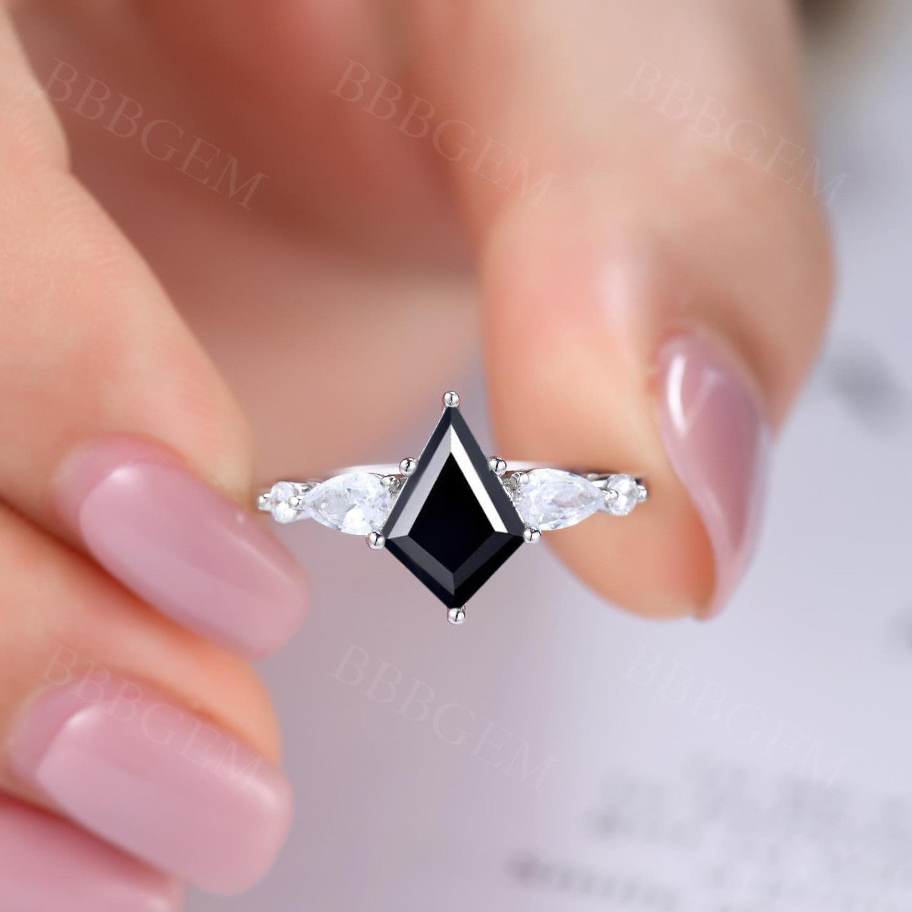 Elegant Lozenge Step Cut Black Onyx Statement Ring with Pear Moissanite Accent - Perfect for Evening Parties, Date Nights & Special Occasions