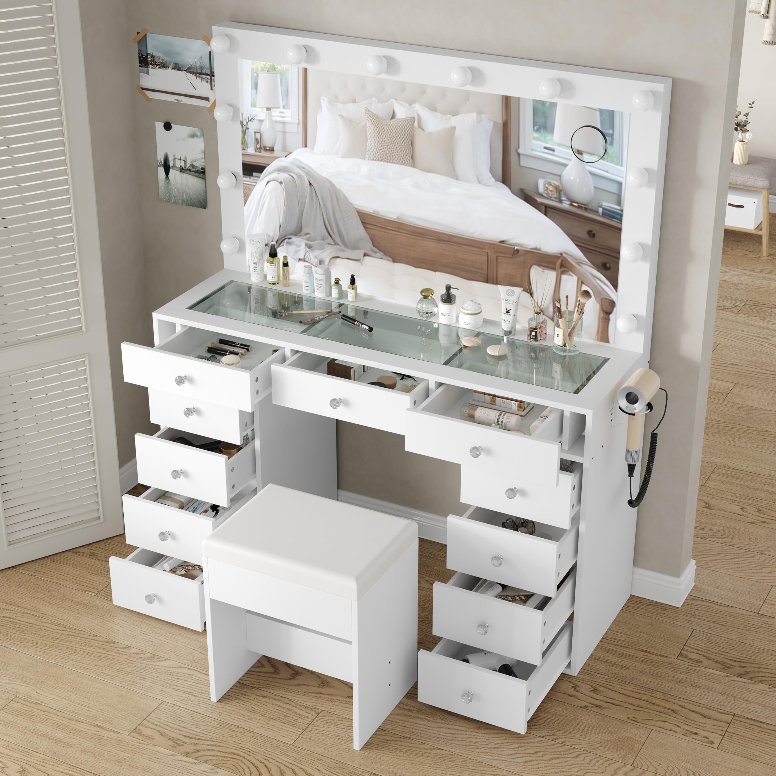 Vanity Desk with Power Outlet & LED Lights - Makeup Vanity Table with Mirror, 11 Drawers & Adjustable Brightness (3 Lighting Modes) - Includes Chair - Perfect for Bedroom, Dressing Room & Beauty Salon (White)