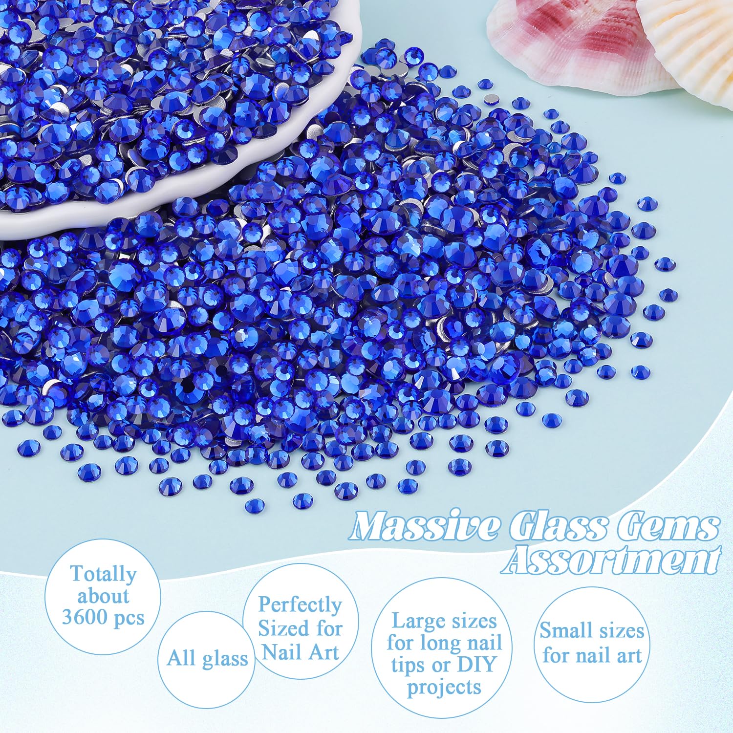 3600pcs Flatback Glass Rhinestones - 1.8mm/2mm/2.4mm/2.8mm/3mm/4mm Multi-Size Crystal Gems for Nail Art, Manicure & DIY Crafts (Royal Blue) - Includes Tweezer & Pickup Pencil - Perfect for Nail Salon, Home Decoration & Jewelry Making