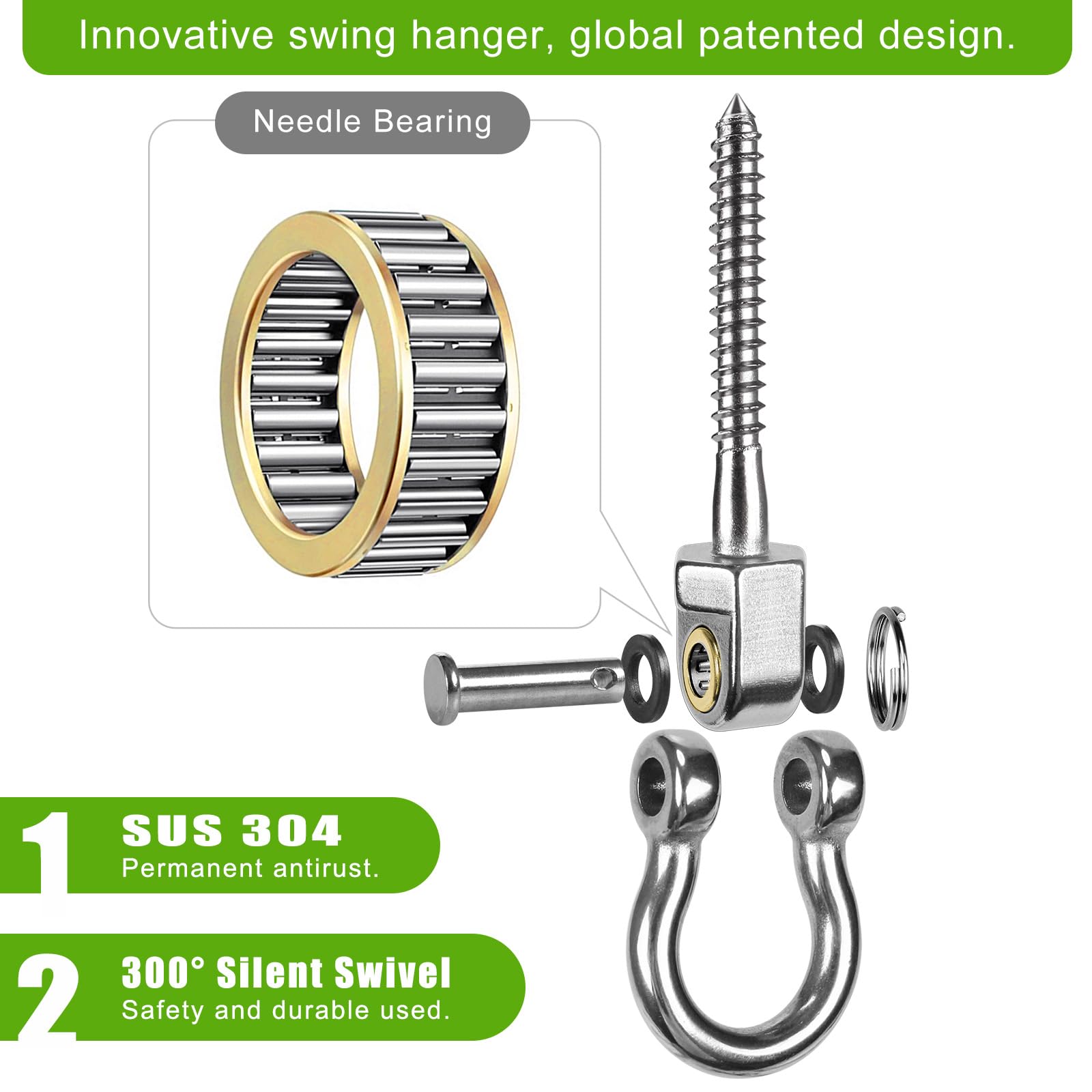 Heavy Duty Swing Hangers with Bearings - 2 Pack Stainless Steel 304 Screw Brackets for Hanging Chairs, Swings, Hammocks - 1500LB Capacity - Perfect for Indoor & Outdoor Use in Backyards, Patios, Decks and Play Areas