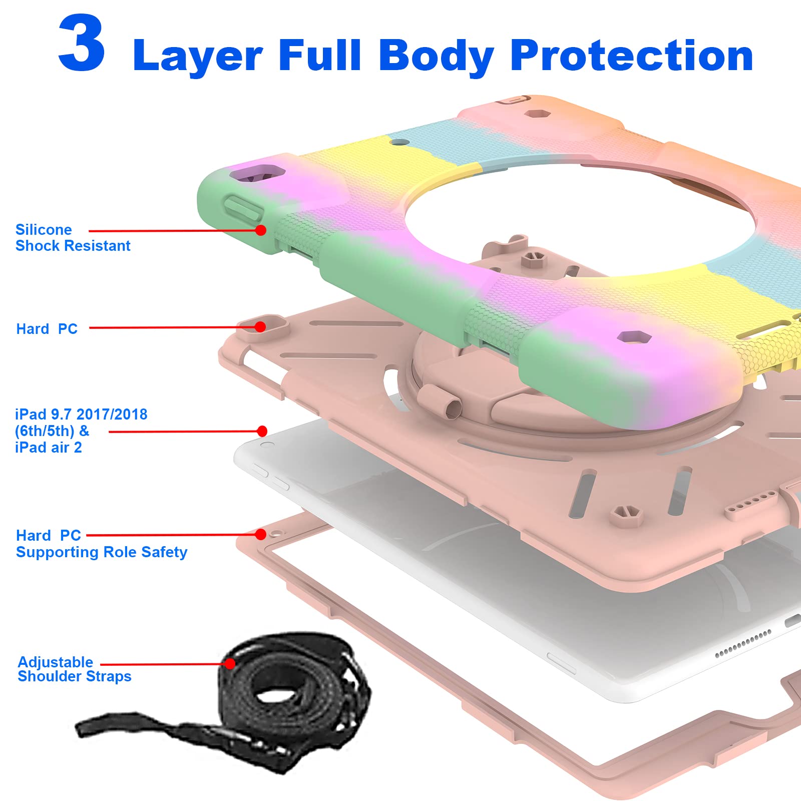 Andnary Heavy Duty Shockproof Case for iPad 10.2 inch (9th/8th/7th Generation) - 360° Rotating Handle, Stand, Pencil Holder & Shoulder Strap | Kids Protective Cover for iPad 2021/2020/2019 in Pink | Perfect for School, Travel & Outdoor Activities