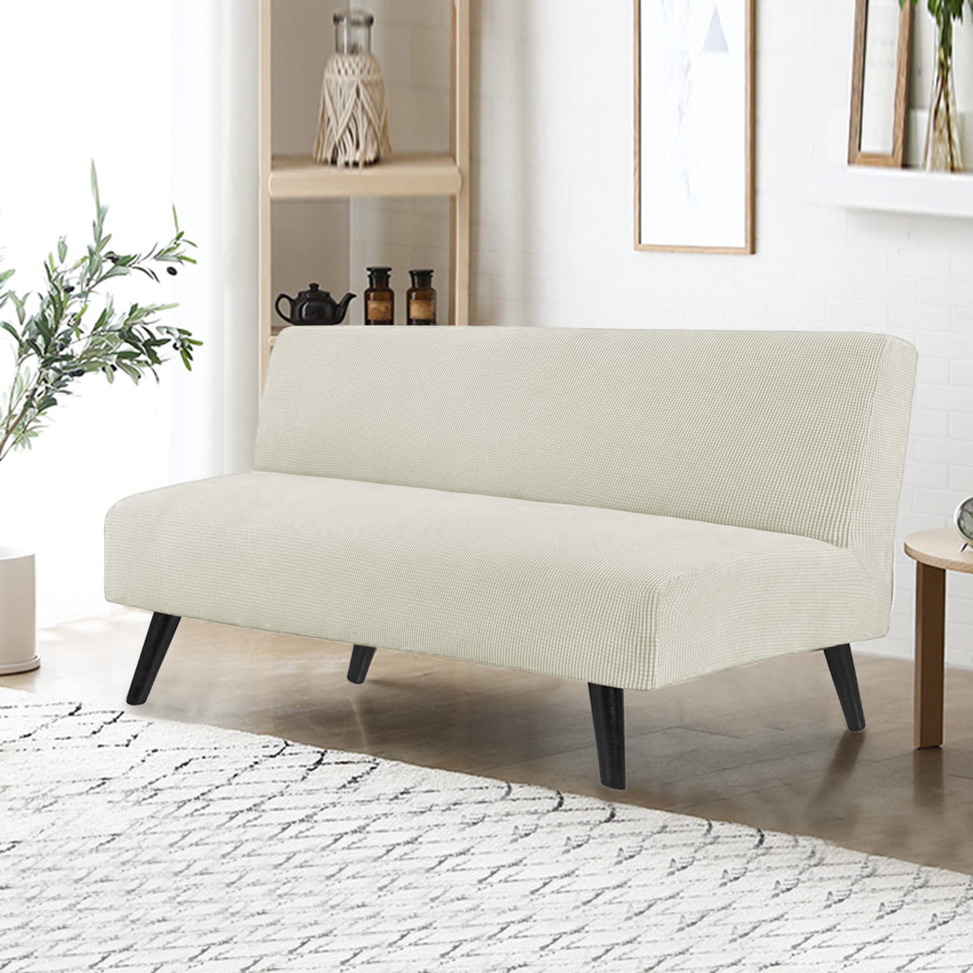 Waterproof Stretch Futon Cover Armless Sofa Slipcover - Elastic Bottom, Machine Washable Couch Protector for Kids & Pets (Cream White) - Perfect for Playrooms, Dorms & Small Apartments