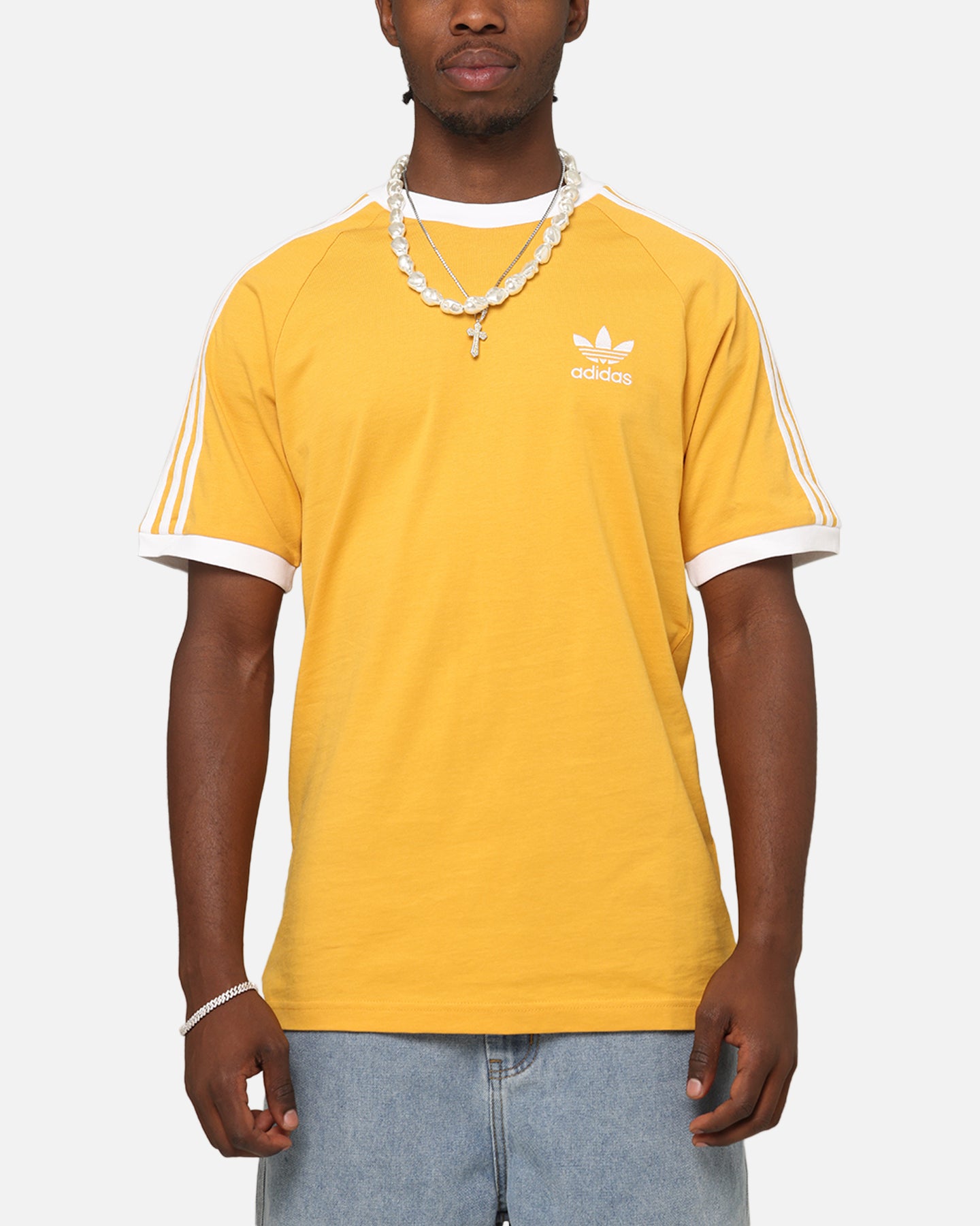 Adidas Classics 3 Stripes T-Shirt for Men - Yellow Cotton Casual Tee - Perfect for Gym, Streetwear & Everyday Outfits