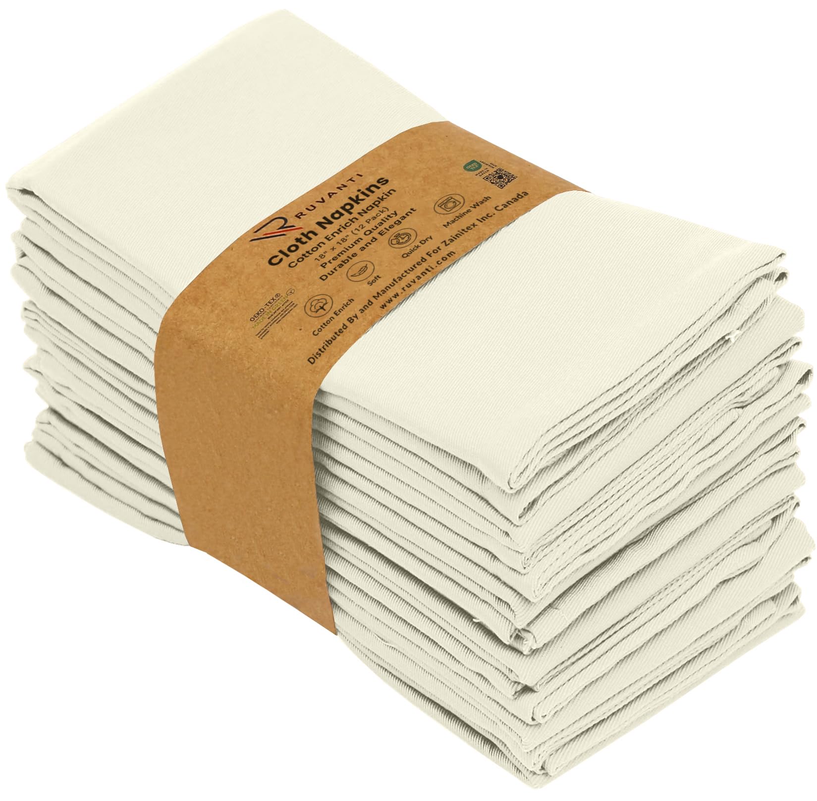 Premium 12-Pack Ruvanti 18x18 Inch Washable Cotton Blend Cloth Napkins - Soft, Durable & Highly Absorbent for Restaurants, Weddings & Dinner Parties (Ivory/Cream) | Elegant Table Linens for Fine Dining & Special Occasions