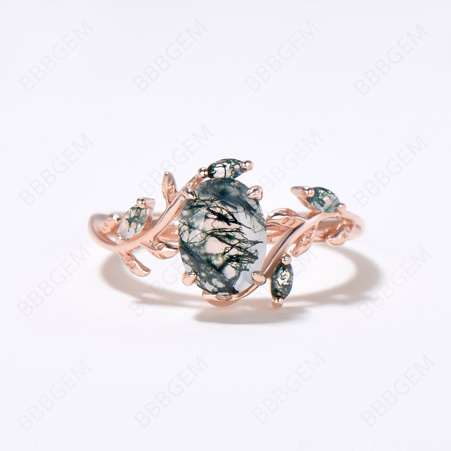 Vintage Oval Cut Green Moss Agate Engagement Ring - Rose Gold Art Deco Cluster Leaf Design, Nature Inspired Bridal Wedding Ring Set for Women | Perfect for Proposals, Anniversaries & Boho Chic Style