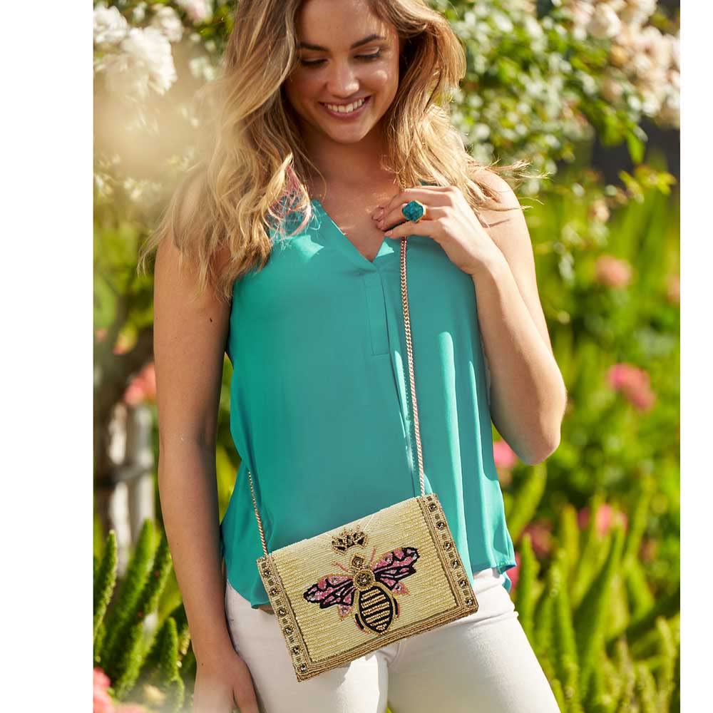 Mary Frances Buzzed Crossbody Clutch Handbag for Women - Elegant Cream Leather Purse with Adjustable Strap, Perfect for Parties, Weddings & Evening Events