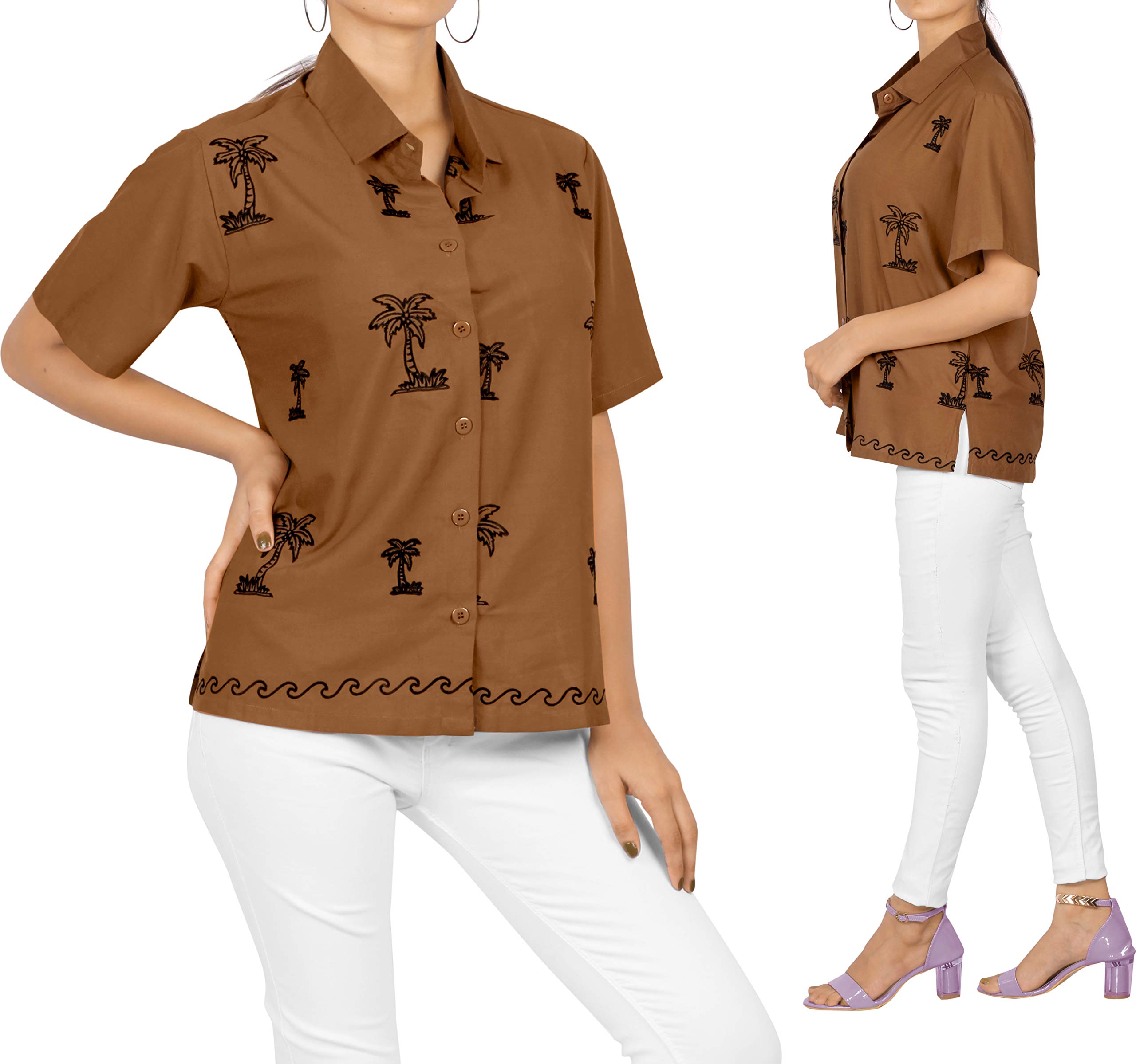 LA LEELA Women's Short Sleeve Hawaiian Blouse - Floral Print Vacation Shirt for Beach, Summer & Casual Outfits
