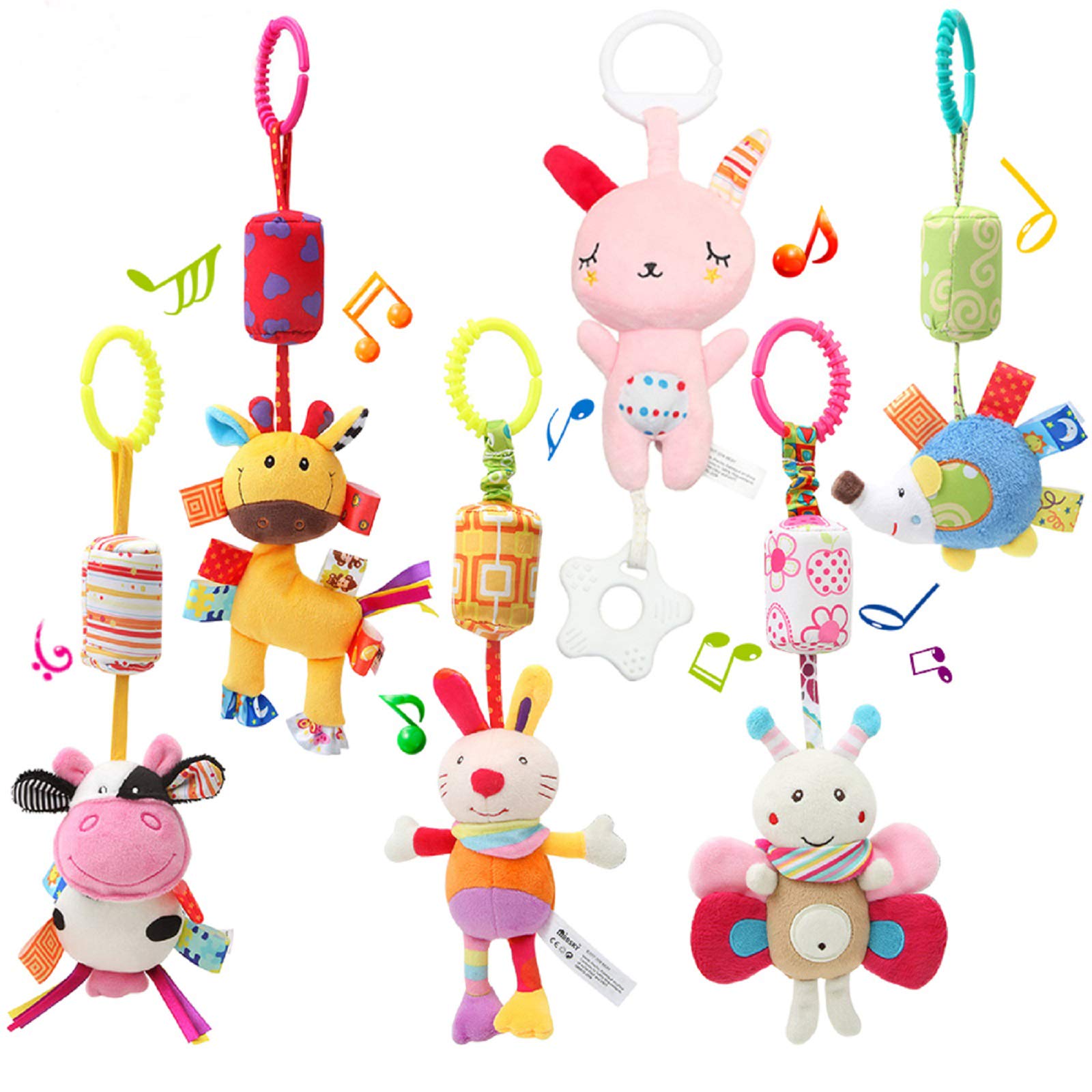 WILNARA Baby Hanging Toy Set - 6 Pack Cartoon Animal Stuffed Rattles with Bells for Crib, Stroller, Car Seat & Pushchair - Perfect for 1-12 Months Old Infants