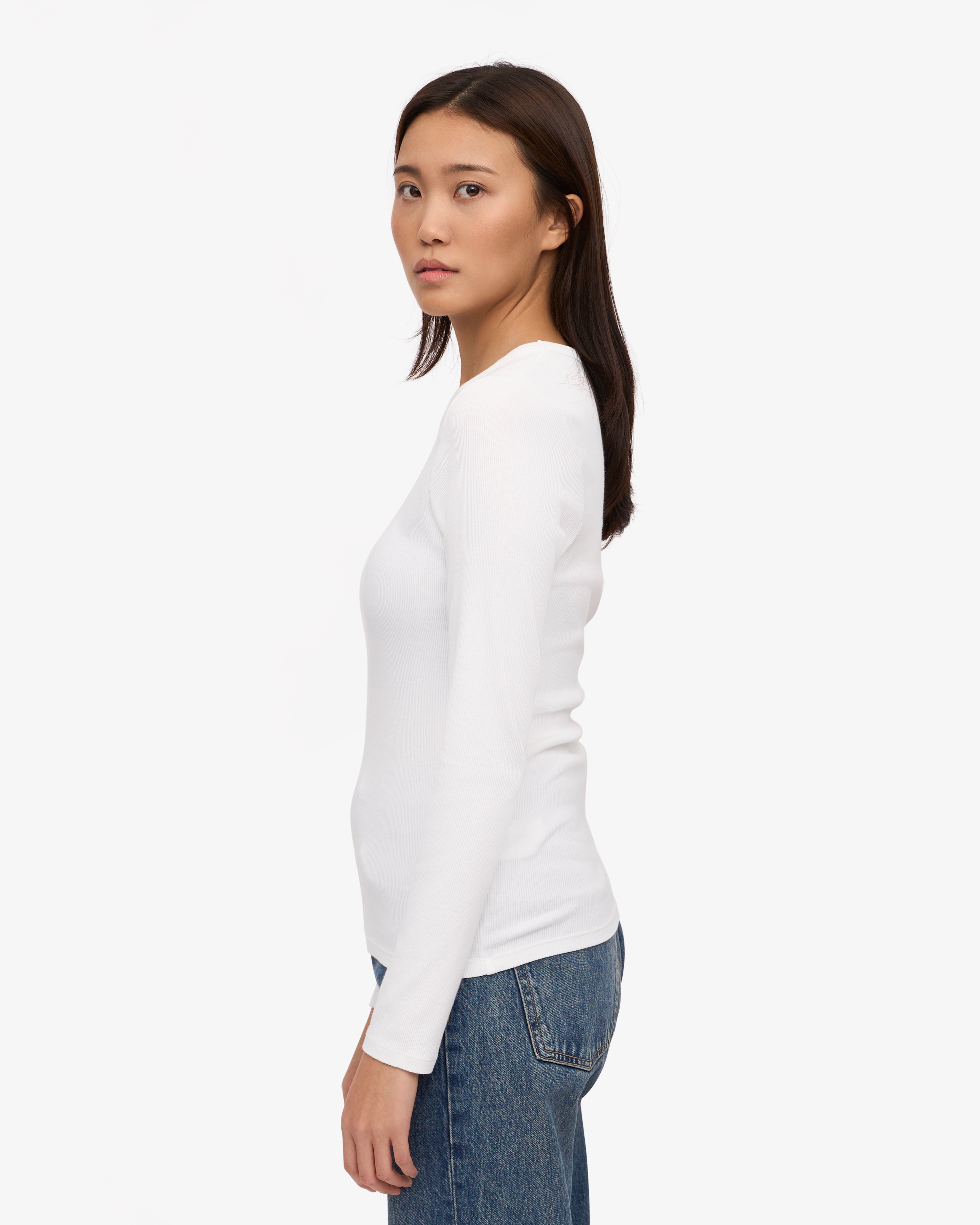 Organic Women's Long Sleeve Ribbed T-Shirt in Optical White - Perfect for Casual Wear, Layering & Everyday Comfort