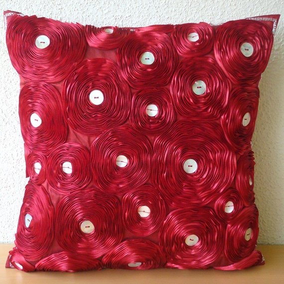 Red Art Silk Throw Pillow Cover - Elegant Bed of Roses Design for Sofa, Couch & Home Decor