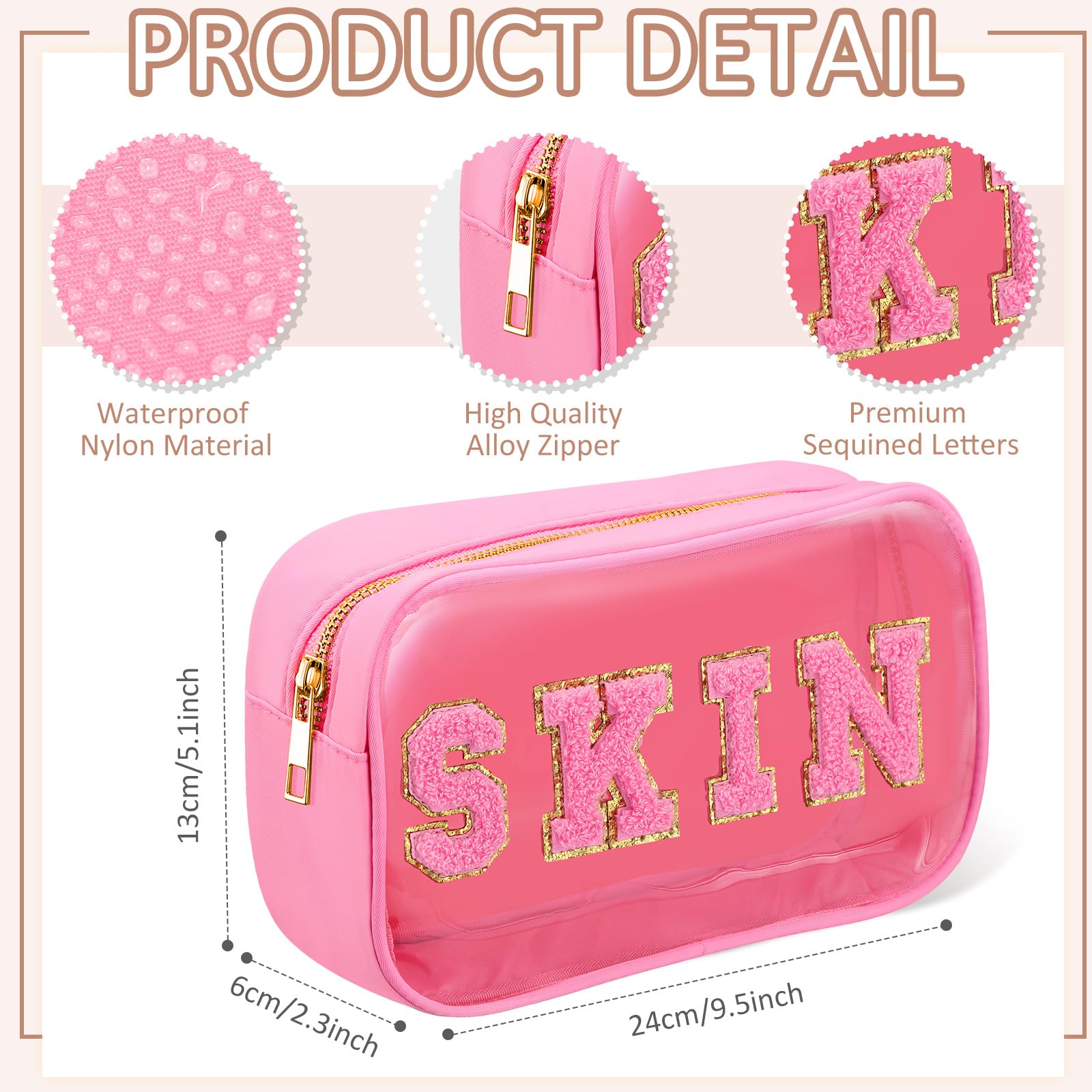 4-Piece Chenille Letter Cosmetic Bag Set - Waterproof Nylon & PVC Makeup Pouch, Travel Toiletry Organizer for Women - Gym, Beach, Vacation Essentials (Fresh Colors) - Perfect for Travel, Daily Use & Gift Giving
