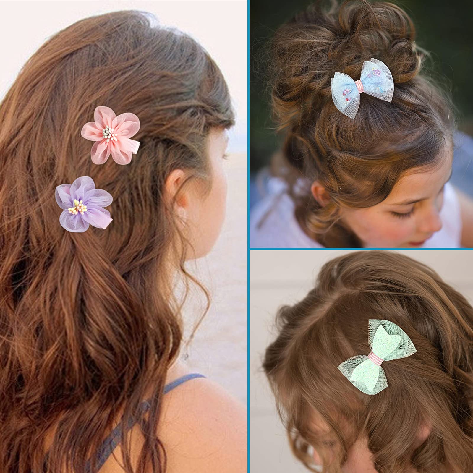 BETITETO 15-Piece Sparkly Tulle Hair Bows with Rhinestone Flower Clips for Girls & Women - Non-Slip Alligator Hair Clips for Parties, Weddings & Daily Wear