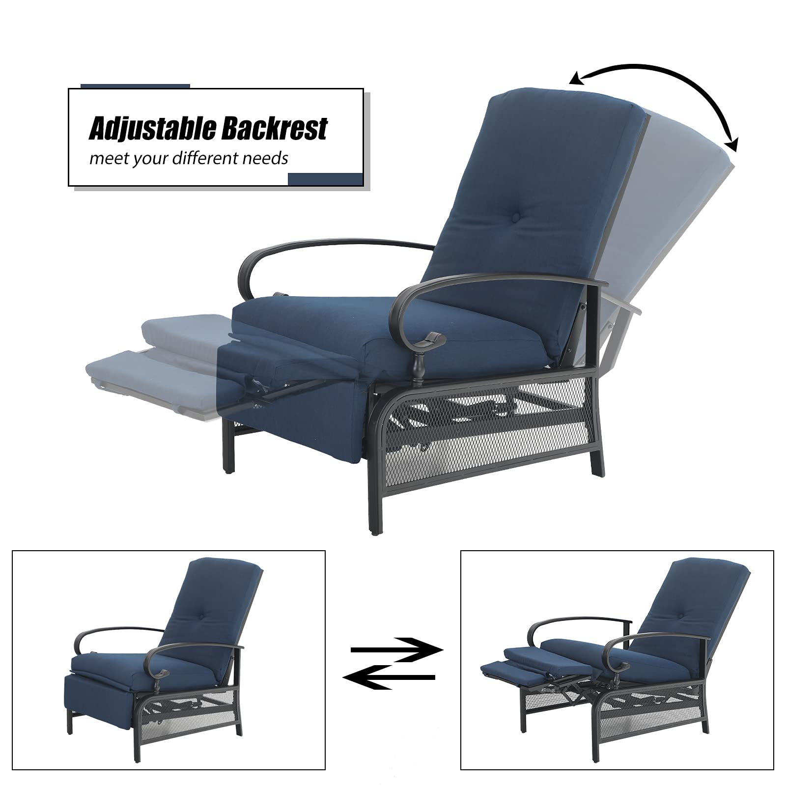 MFSTUDIO 2-Piece Adjustable Recliner Patio Chair Set - Heavy Duty Outdoor Lounge Chairs with Removable Olefin Cushions & 300lb Weight Capacity - Perfect for Poolside, Backyard, Deck Relaxation (Navy Blue)
