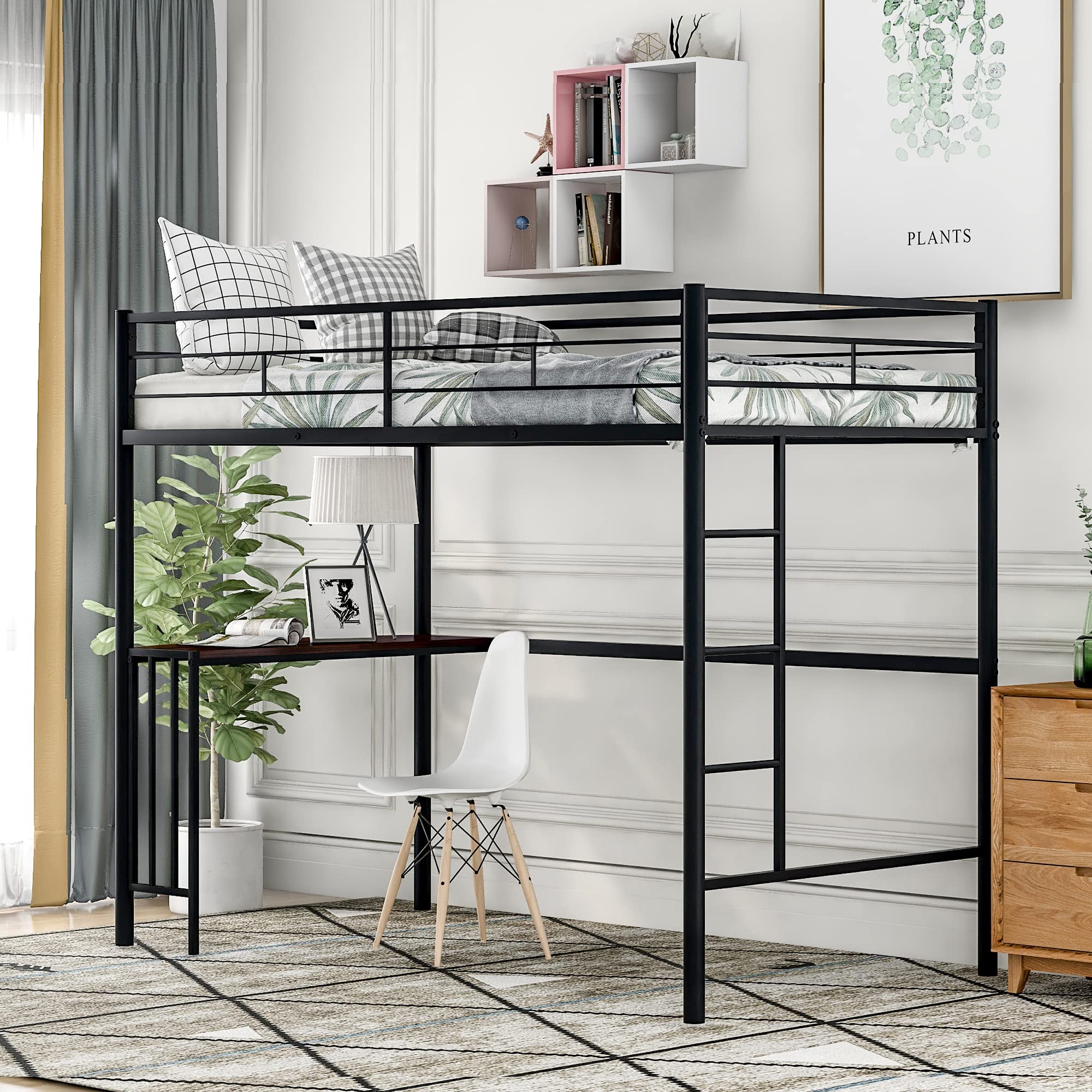 Harper & Bright Designs Twin Size Metal Loft Bed with Study Desk, Ladder & Safety Guardrails - Space Saving Bed for Kids, Teens & Adults - Perfect for Small Rooms, Dorms & Apartments (Black)