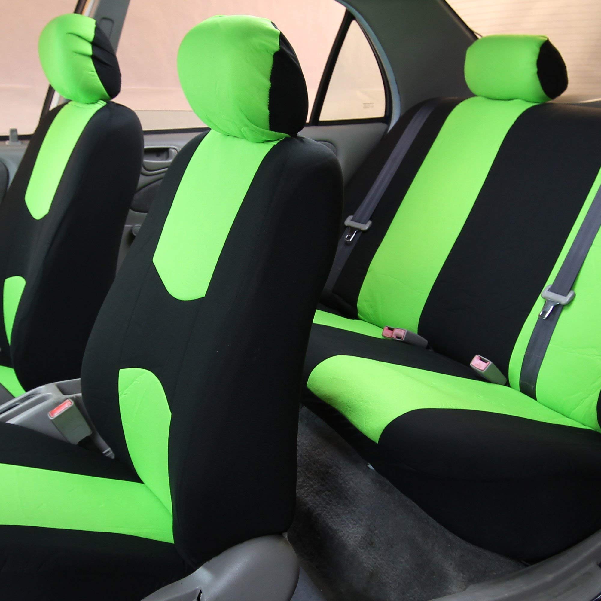 FH Group Universal Fit Car Seat Covers Full Set - Non-Slip Flat Cloth Seat Protectors for Cars, Trucks & SUVs | Green Bench Style with Dash Grip Pad | Perfect for Road Trips, Daily Commute & Interior Protection