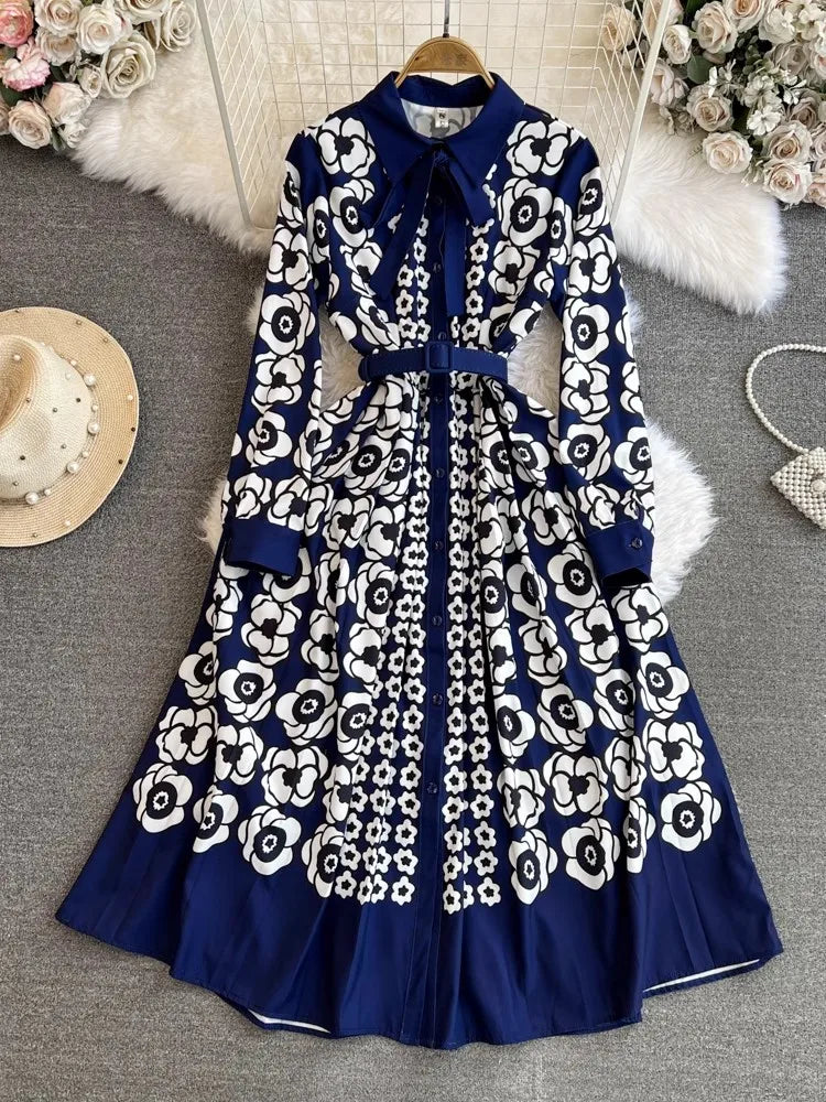 Vintage Floral Print Maxi Dress for Women - Elegant Turn Down Collar, Bow Lace Up Detail, Contrast Color Long Robe - Perfect for Runway, Party, Wedding & Special Occasions