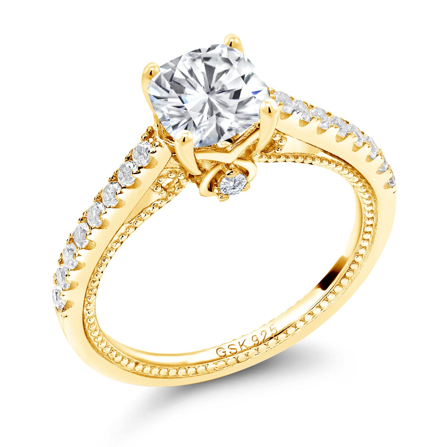 18K Yellow Gold Plated Silver White Created Sapphire & Moissanite Ring Set (1.37 Cttw) - Elegant Jewelry for Engagement, Wedding & Anniversary Gifts | Gem Stone King