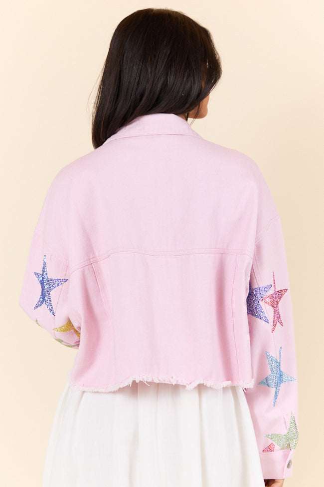 Shine Bright Light Pink Embellished Star Denim Jacket for Women - Trendy Embroidered Denim Coat, Vintage Inspired Fashion Outerwear - Perfect for Parties, Concerts & Street Style Outfits