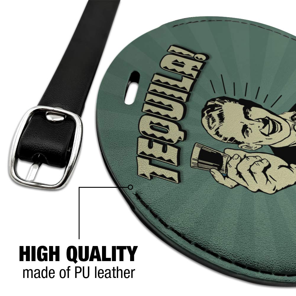 Funny Retro Round Leather Luggage Tag - Tequila Brain Off Liver On Humor ID Card Holder - Perfect for Travel, Suitcases & Backpacks