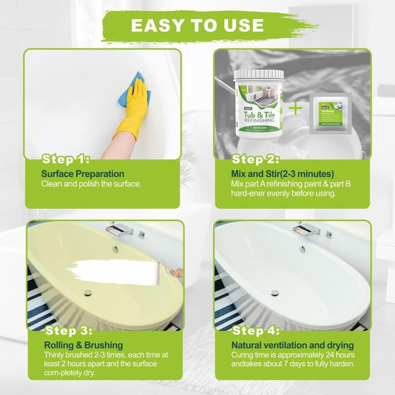 35oz Bathtub Refinishing Kit - Easy to Use Tub & Tile Reglazing Paint for Bathroom, Kitchen, Sink - Low Odor Porcelain Repair Kit for DIY Home Renovation Projects - Perfect for Bathroom Makeovers & Kitchen Upgrades