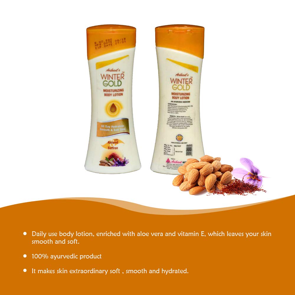 Arihant's Ayurvedic Herbal Winter Gold Moisturizing Body Lotion with Almond and Saffron - 300ml | Deep Hydration for Dry Skin | Perfect for Winter Care & Daily Nourishment