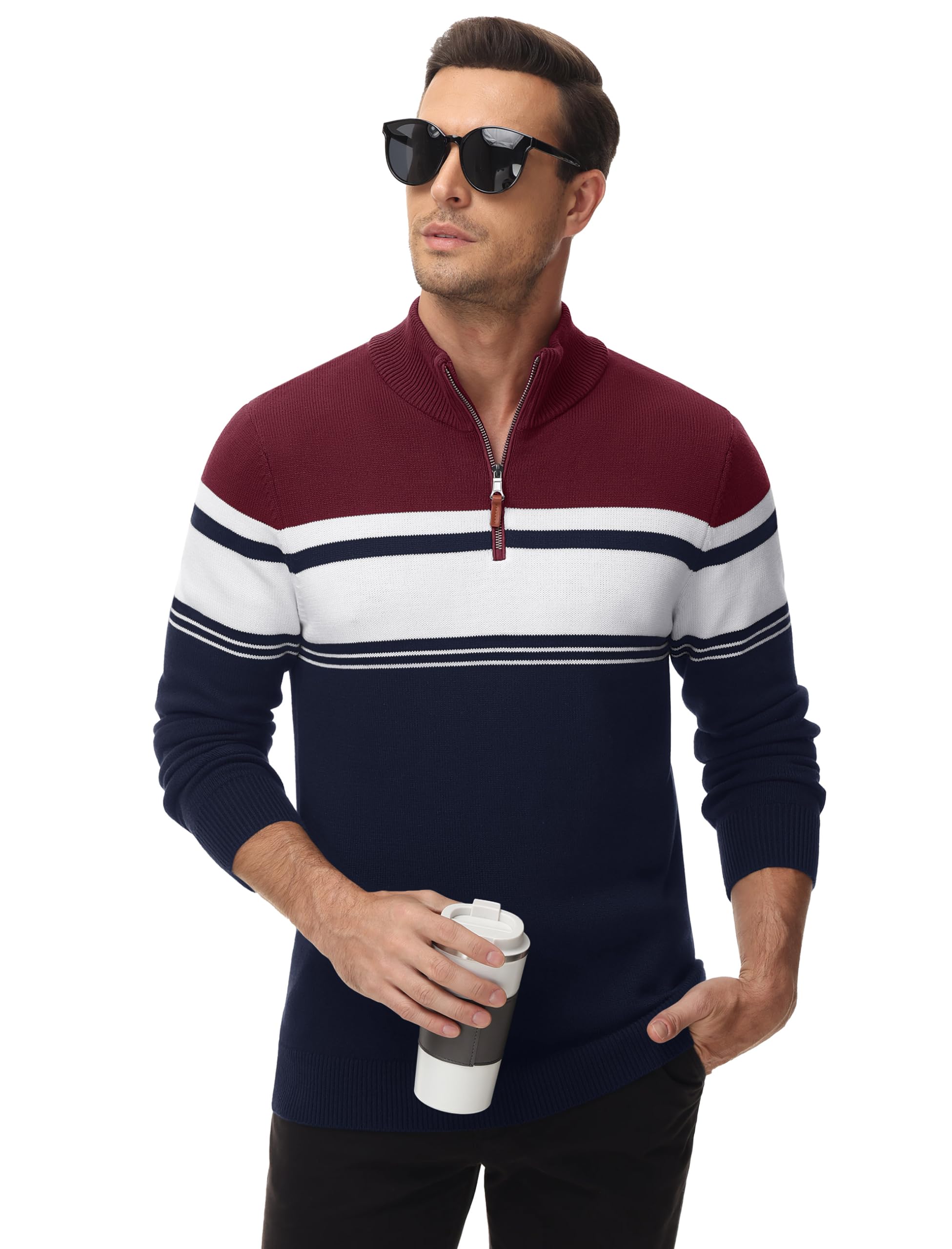 MAGCOMSEN Men's 1/4 Zip Cotton Sweater Pullover - Striped Polo Sweater for Fall & Winter | Warm Casual Knit Sweatshirt for Office, Outdoor & Daily Wear
