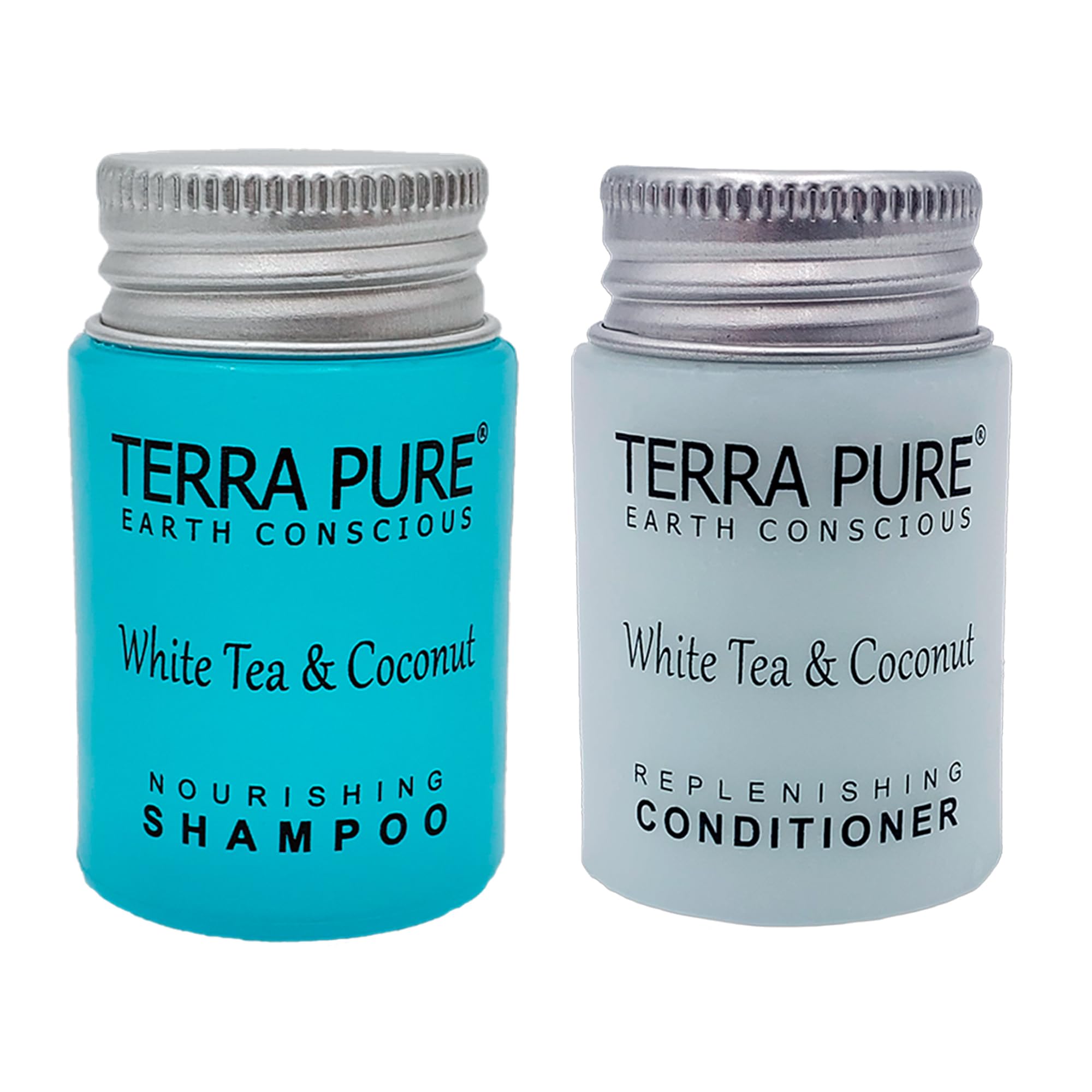 Terra Pure White Tea & Coconut Shampoo and Conditioner Set - 1 oz Travel Size (Pack of 100) | Sulfate-Free Hair Care for Hotels, Gyms & Travel | Moisturizing Vegan Formula for All Hair Types