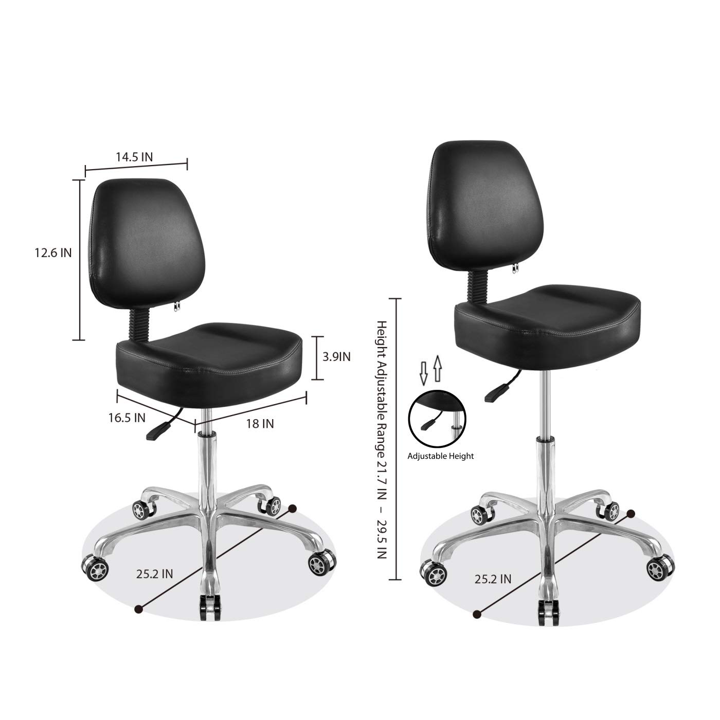 Ergonomic Rolling Stool with Backrest - Adjustable Height Swivel Drafting Chair with Wheels for Studio, Dental Office, Salon & Home Desk - Perfect for Artists, Barbers & Professionals (Black)