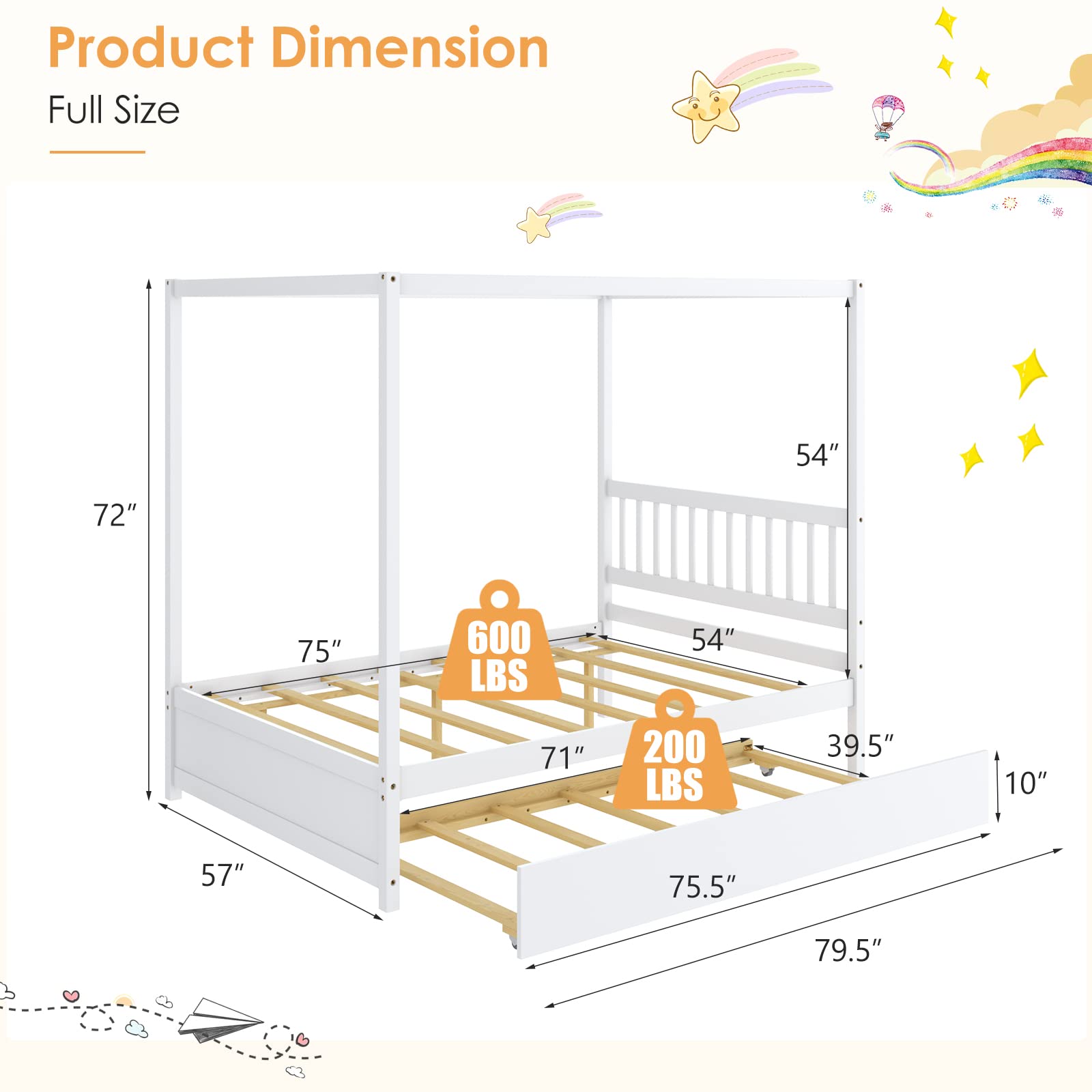 Giantex Full Size Canopy Bed with Trundle - Solid Wood Platform Bed Frame with Headboard for Kids, No Box Spring Needed - Perfect for Boys & Girls Bedrooms, Sleepovers and Space Saving (White)