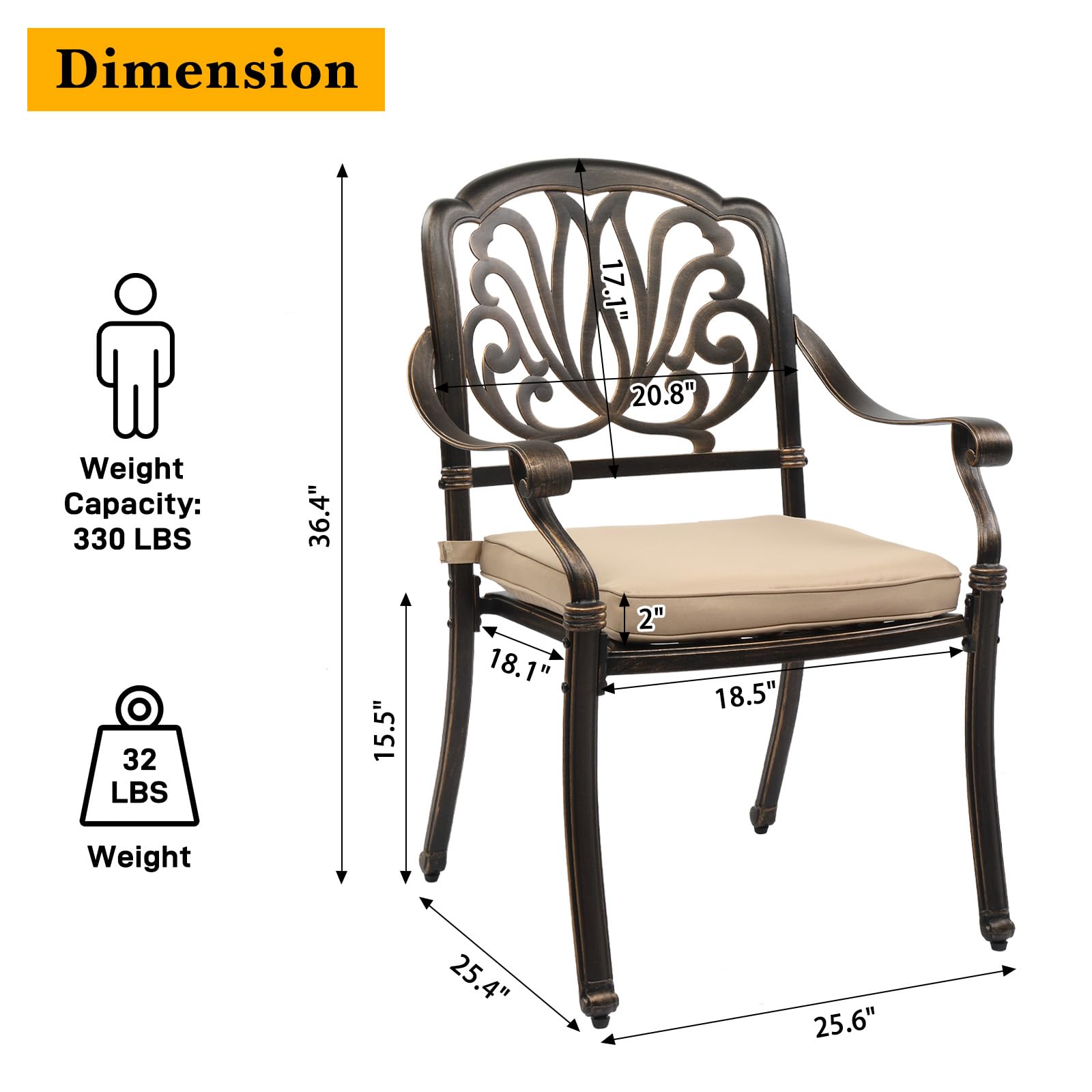 VINGLI 2-Piece Aluminum Outdoor Dining Chairs Set - Patio Furniture with Cushions for Backyard, Poolside, Balcony, Garden - Bronze Cast Aluminum Chairs for Relaxing & Entertaining Guests