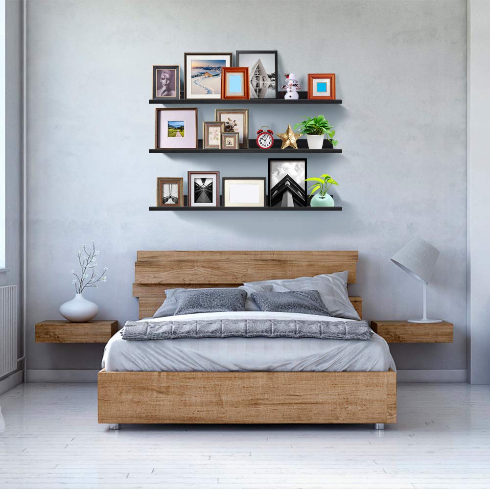Lavezee 47 Inch Long Floating Picture Ledge Shelves - Set of 3 Black Wall Mount Display Shelves for Photos, Decor & Books | Perfect for Nursery, Office, Bedroom, Living Room & Kitchen Organization & Decoration