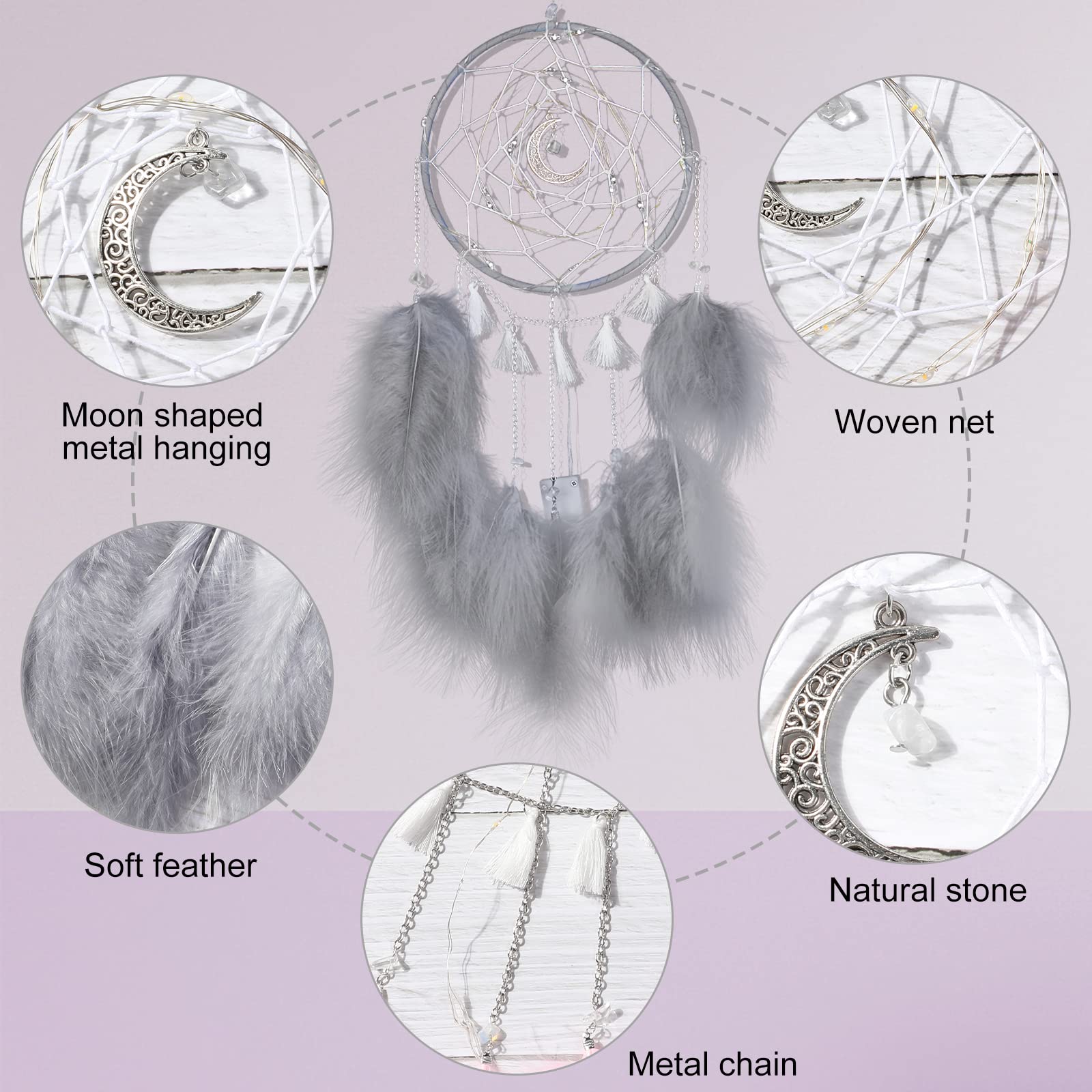 Handmade Grey Dream Catchers with Feathers & Lights - Boho Nursery Wall Decor for Girls & Boys, Bedroom Ornament Craft Gift | Perfect for Baby Rooms, Kids' Bedrooms & Home Decoration