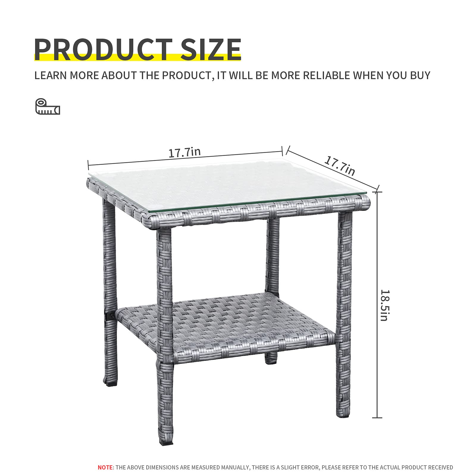 Valita PE Wicker Side Table - Outdoor Resin Rattan Square End Table with Glass Top & 2 Shelves - Gray - Perfect for Patio, Garden, Poolside & Balcony Furniture Decor