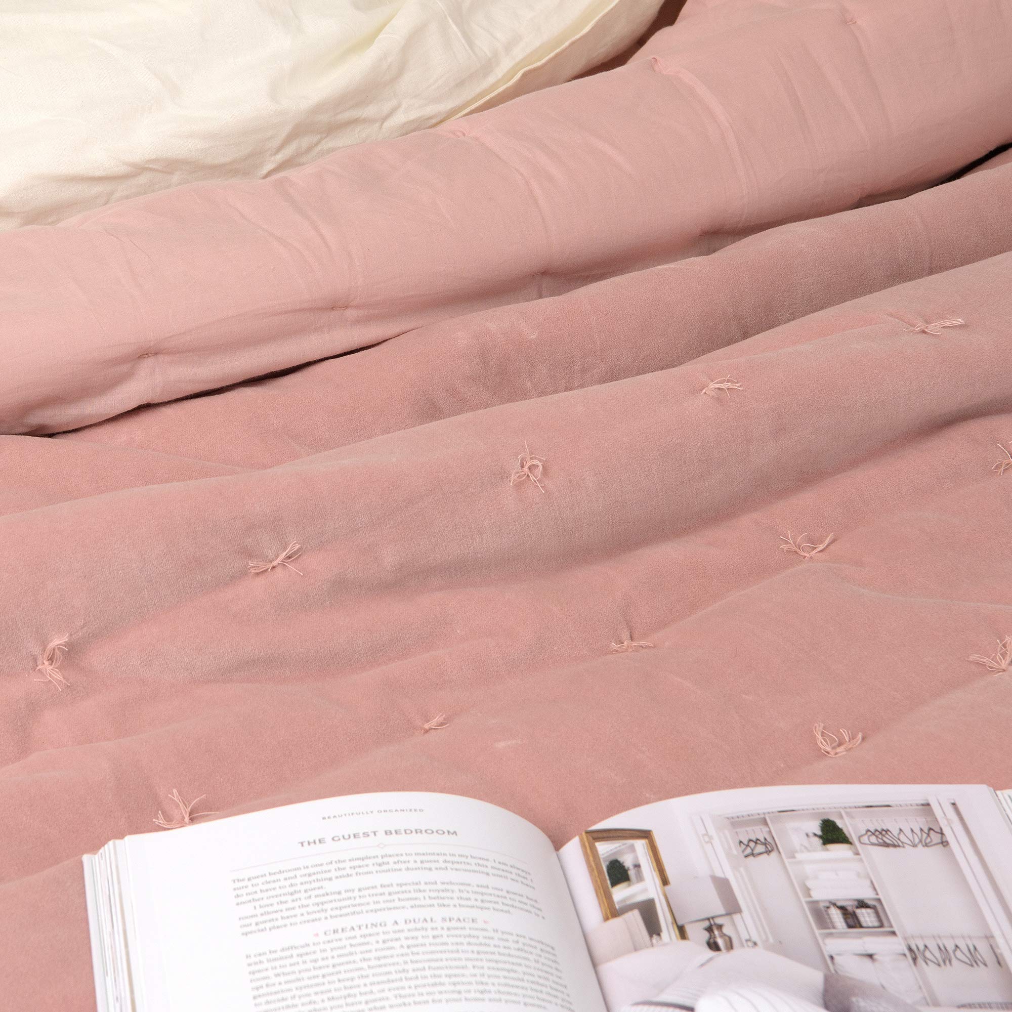 Premium Velvet & Cotton Tasseled Quilt - King Size Pink Bedding (108