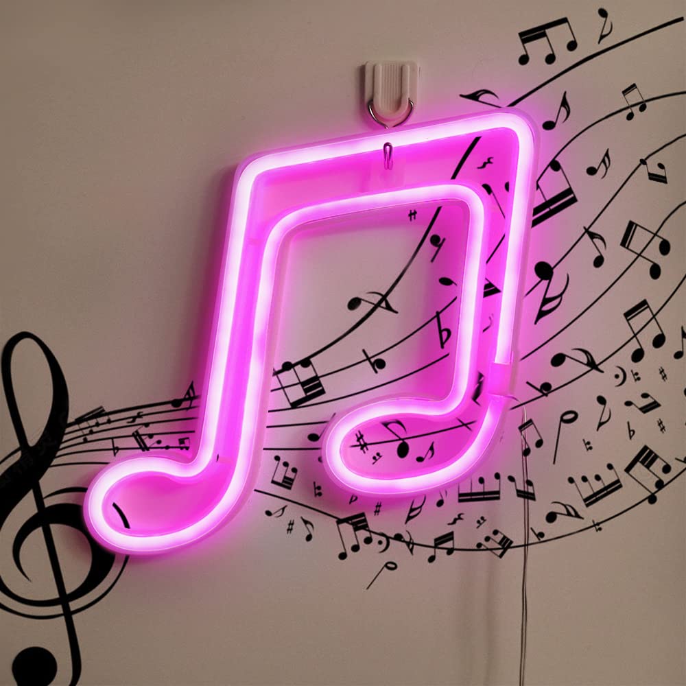 GUOCHENG Music Note LED Neon Sign - Stave Shaped Hanging Night Light with Battery & USB Power - Pink Neon Wall Decor for Bedroom, Living Room, Party & Home Bar Lighting