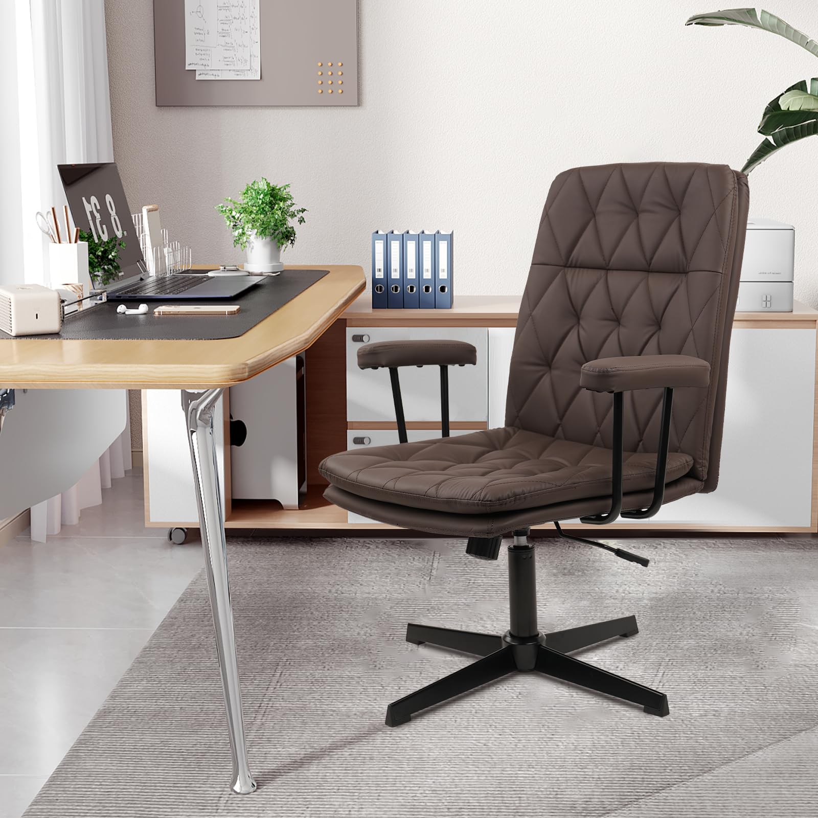 CLATINA Leather Office Chair No Wheels - Modern Criss Cross Design with Arms, Adjustable Mid Back Swivel Task Chair for Home Office & Vanity (Chocolate Brown) - Perfect for Small Spaces, Work Desks & Makeup Stations