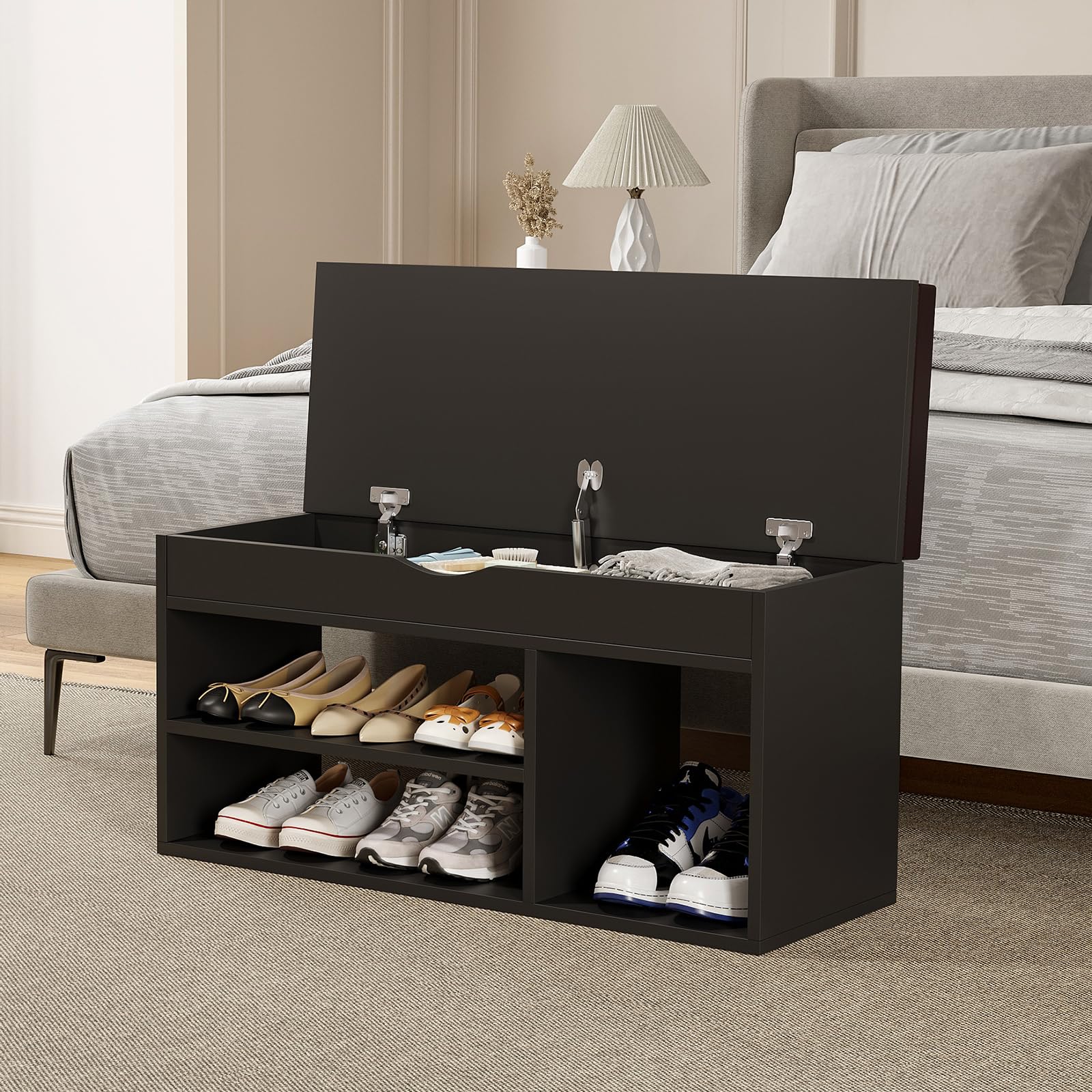 Apicizon 2-Tier Shoe Storage Bench with Padded Cushion - Wooden Entryway Bench with Shoe Rack, Black - Perfect for Hallway, Foyer & Mudroom Organization