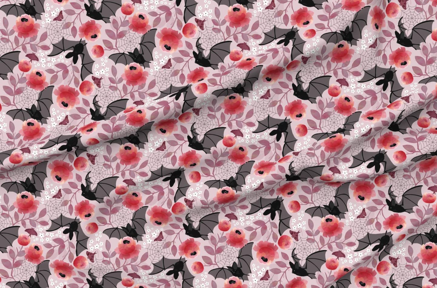 Pastel Bat Floral Pink Black Flowers Printed Minky Fabric - Soft Plush Fat Quarter for Sewing Baby Blankets, Quilt Backing & DIY Crafts - Nature Rose Gothic Design for Nursery Decor & Home Projects