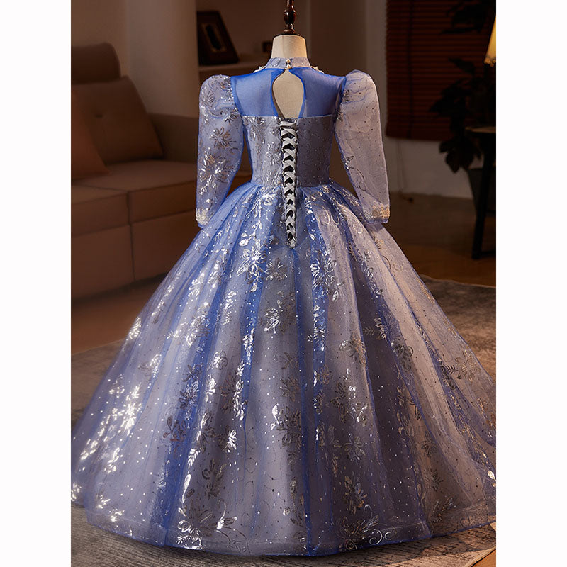 Elegant Baby Girls Blue Long Sleeve Embroidered Evening Dress | Toddler Girls Pageant Dresses for Special Occasions | Perfect for Weddings, Birthday Parties & Photo Shoots