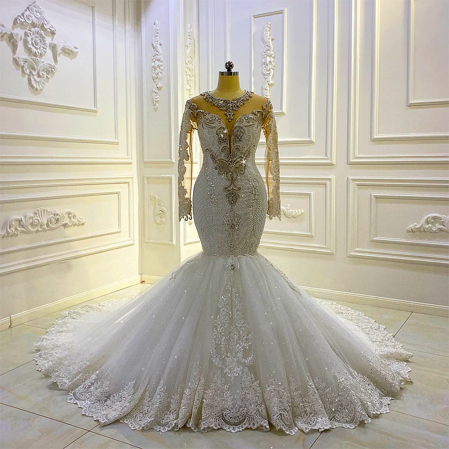 Elegant African Bridal Gown Long Sleeve Ruffle Mermaid Wedding Dress 2 in 1 - Perfect for Beach, Church & Destination Weddings