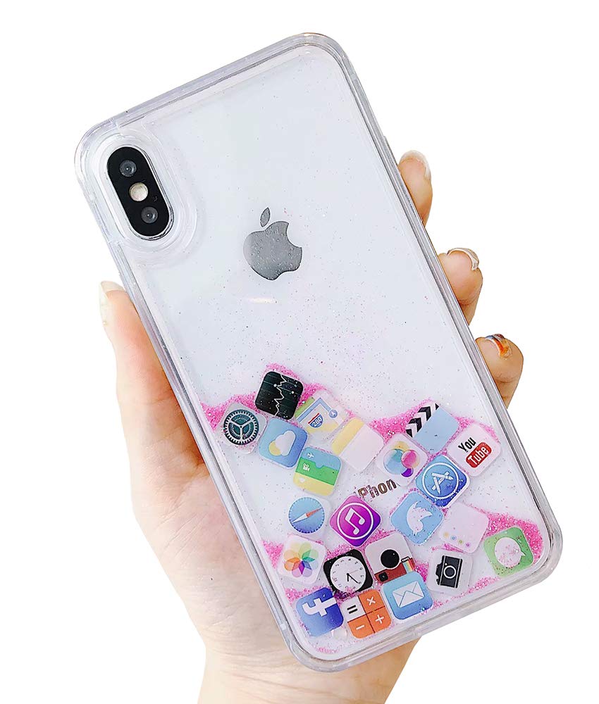 UnnFiko Liquid Glitter Phone Case for iPhone 11 Pro Max - Hard Back Colorful Bling Quicksand Cover with iOS Icon Design | Shimmering Protection for Everyday Use & Special Occasions (Pink Glitter)