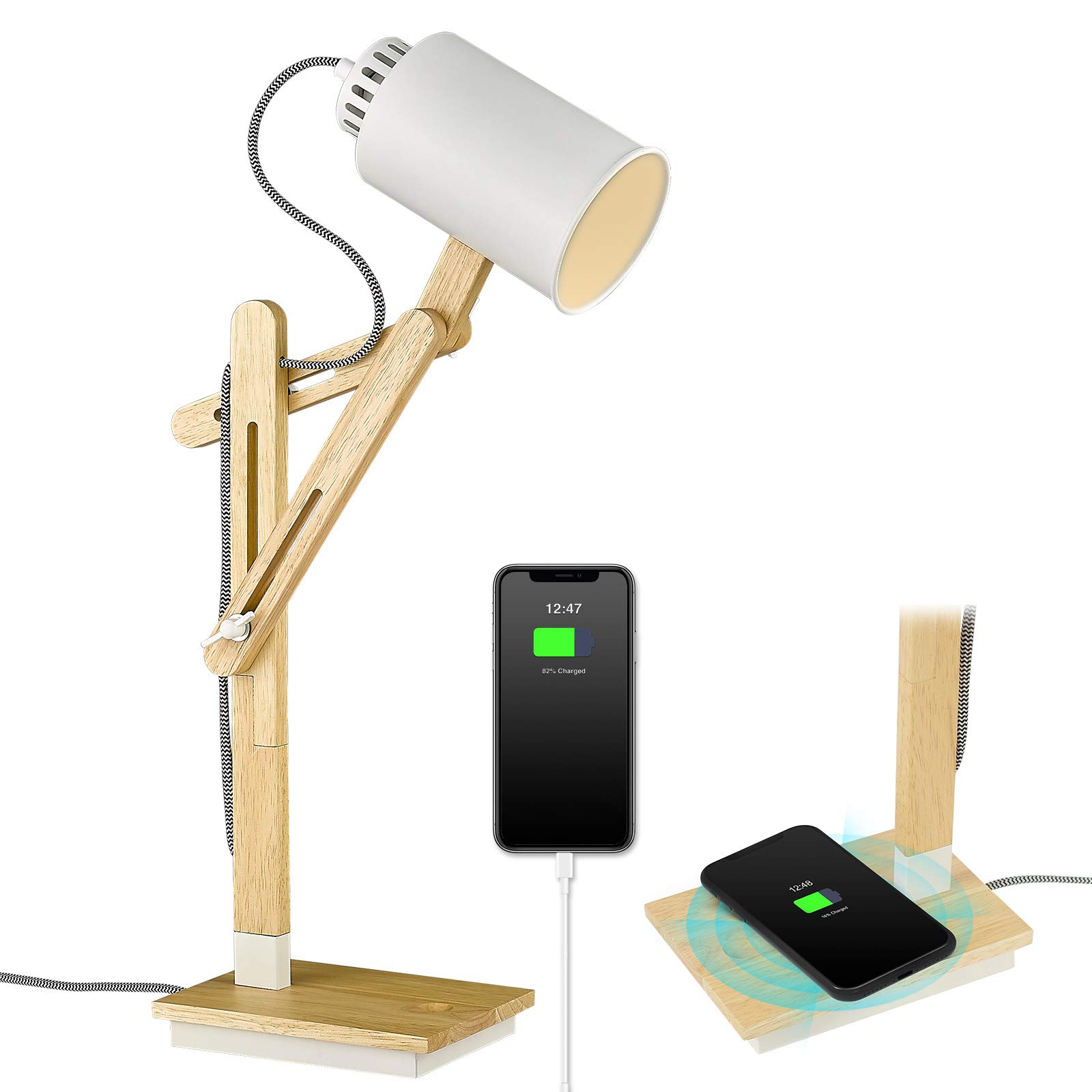 ELYONA Wireless Charging Desk Lamp with USB Port - Touch Control Adjustable Swing Arm Table Lamp for Office, Dorm, Bedroom & Living Room - Natural Rubber Wood Base with Included Bulb - Perfect for Reading, Working & Nightstand Lighting
