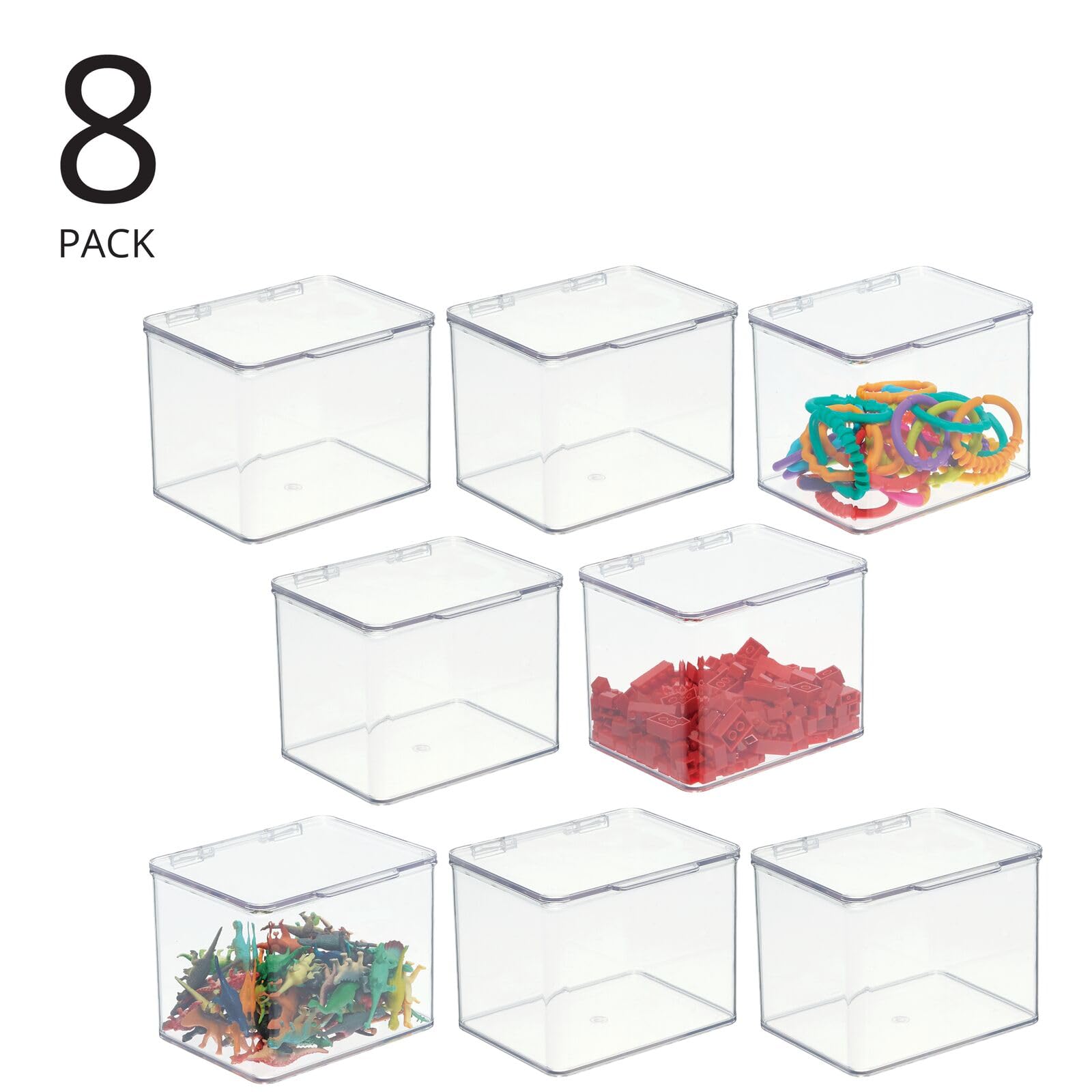 mDesign Clear Plastic Playroom & Gaming Storage Organizer Boxes with Hinged Lids - 8-Pack Toy Organizer for Shelves & Cubbies - Holds Blocks, Puzzles, Markers, Game Controllers - Perfect for Kids' Rooms, Playrooms & Game Stations (Lumiere Collection)