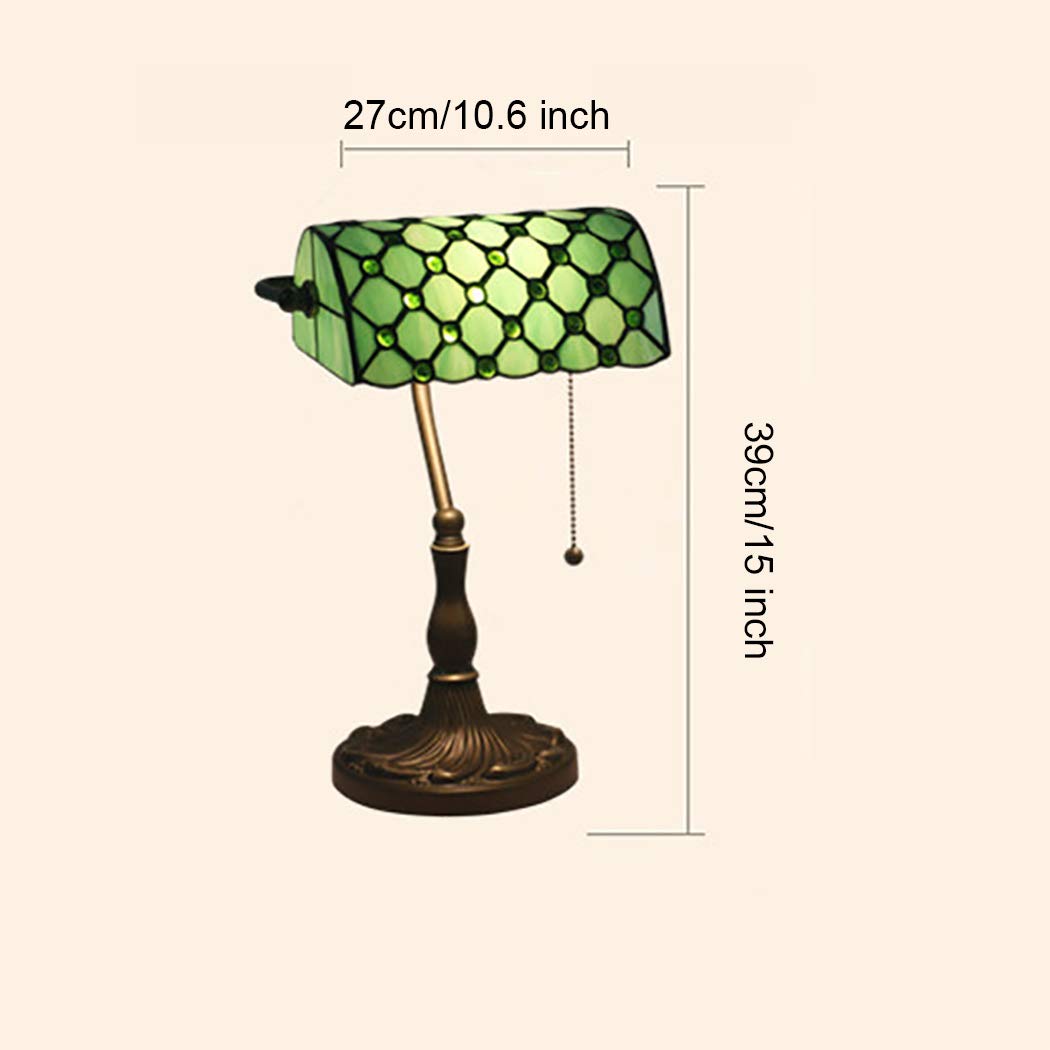 10 Inch Tiffany Style Stained Glass Banker Desk Lamp - Green Zinc Alloy Base with Pull Cord Switch - Perfect for Office, Bedroom, Study & Reading Nook